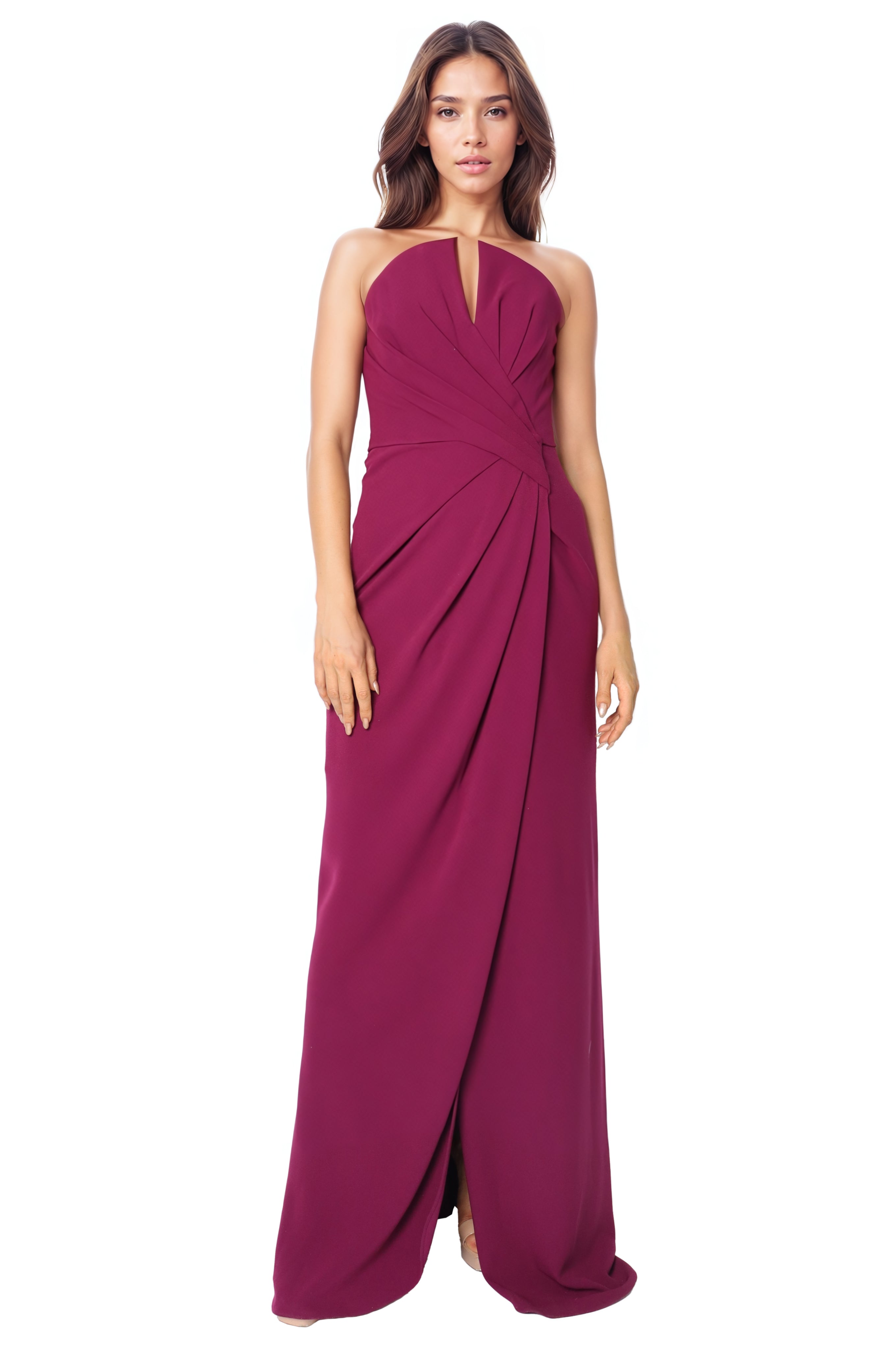 Strapless V Neck Draped Crepe Column Gown Gown Rene Ruiz Collection
