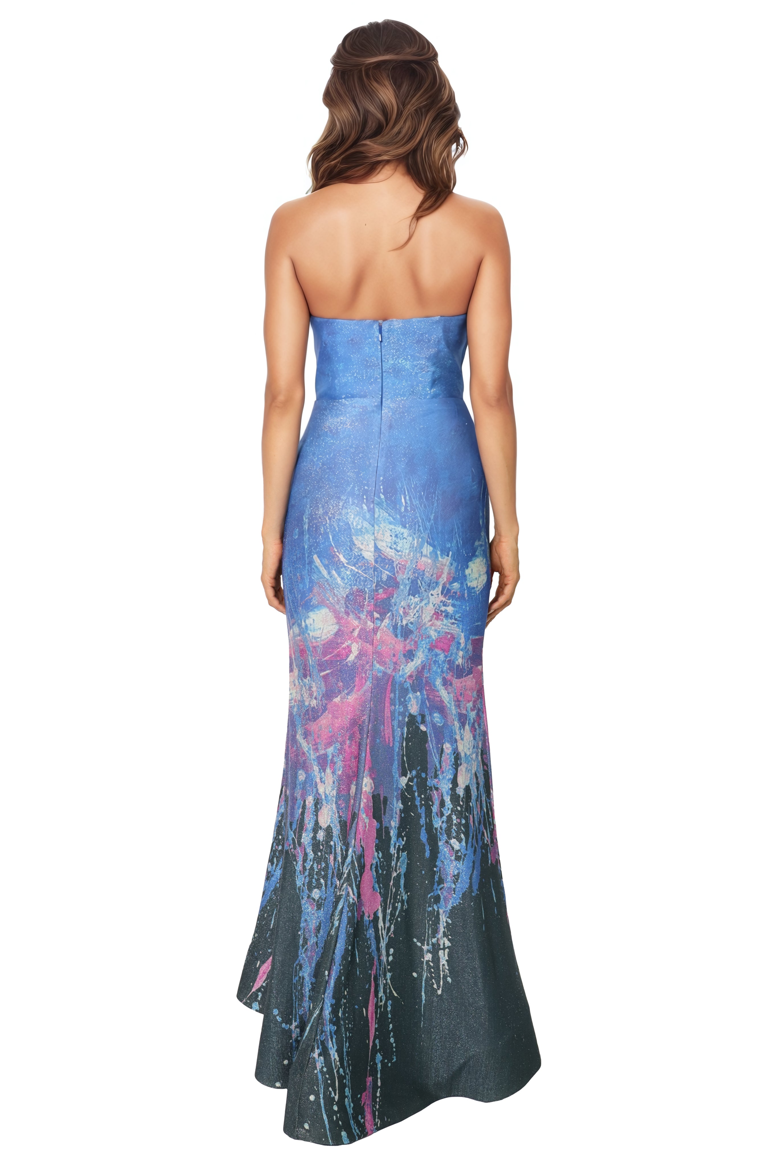 Strapless Boarder Print Stretch Gown Gown Rene Ruiz Collection