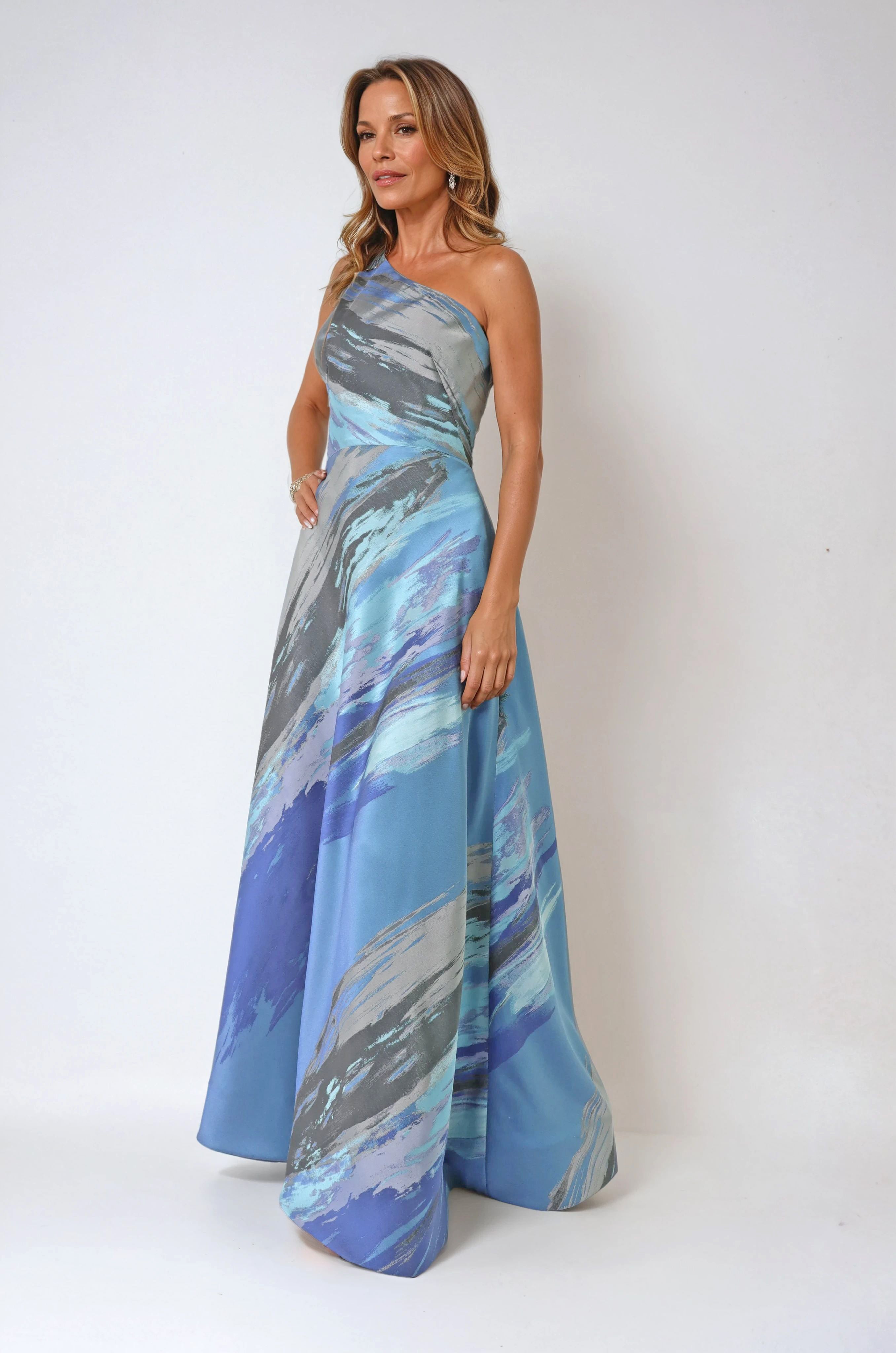 One Shoulder Satin Jacquard A-Line Gown Gown Rene Ruiz Collection