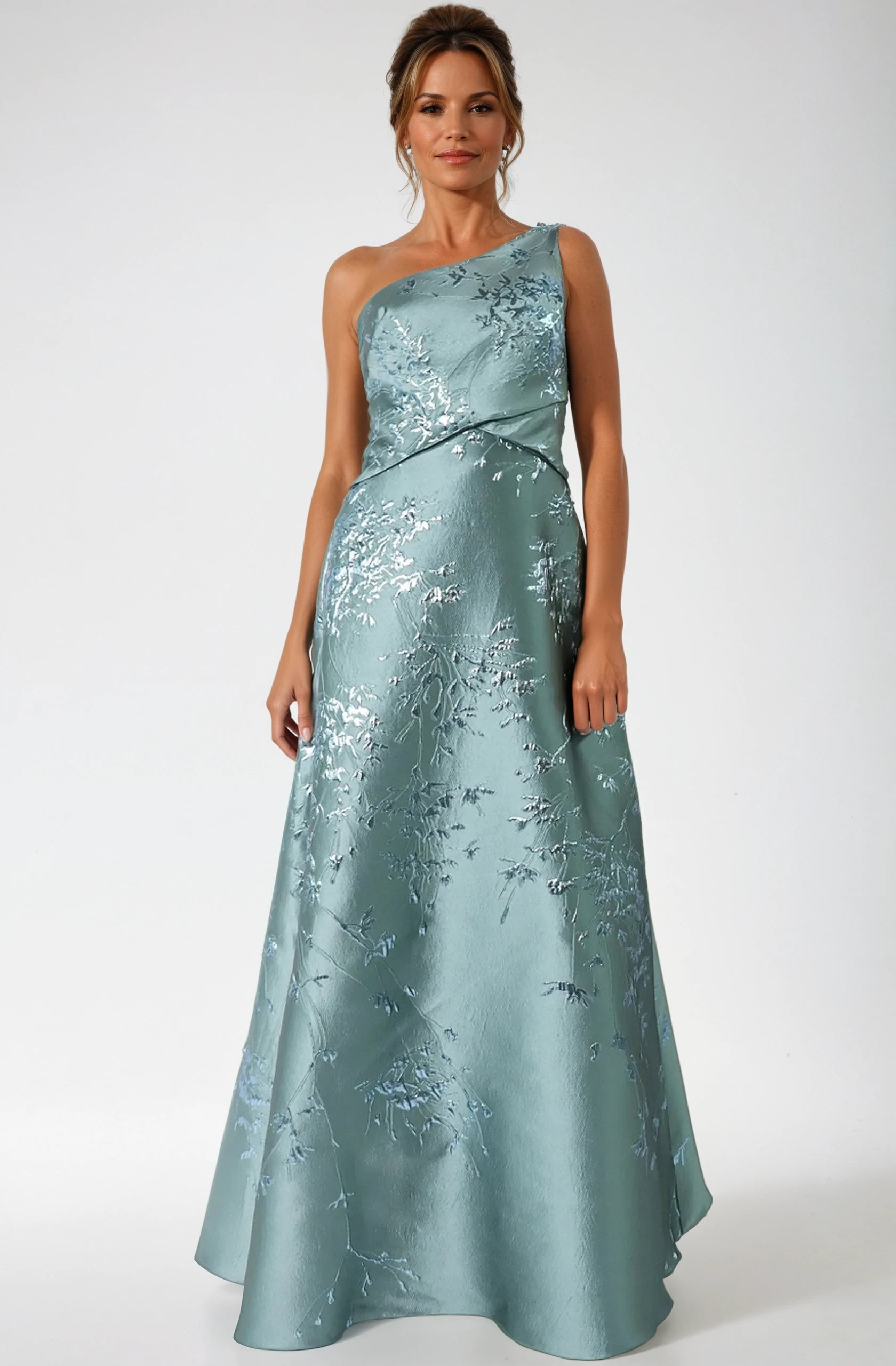 One Shoulder Brocade Metallic Floral A-Line Gown Gown Rene Ruiz Collection