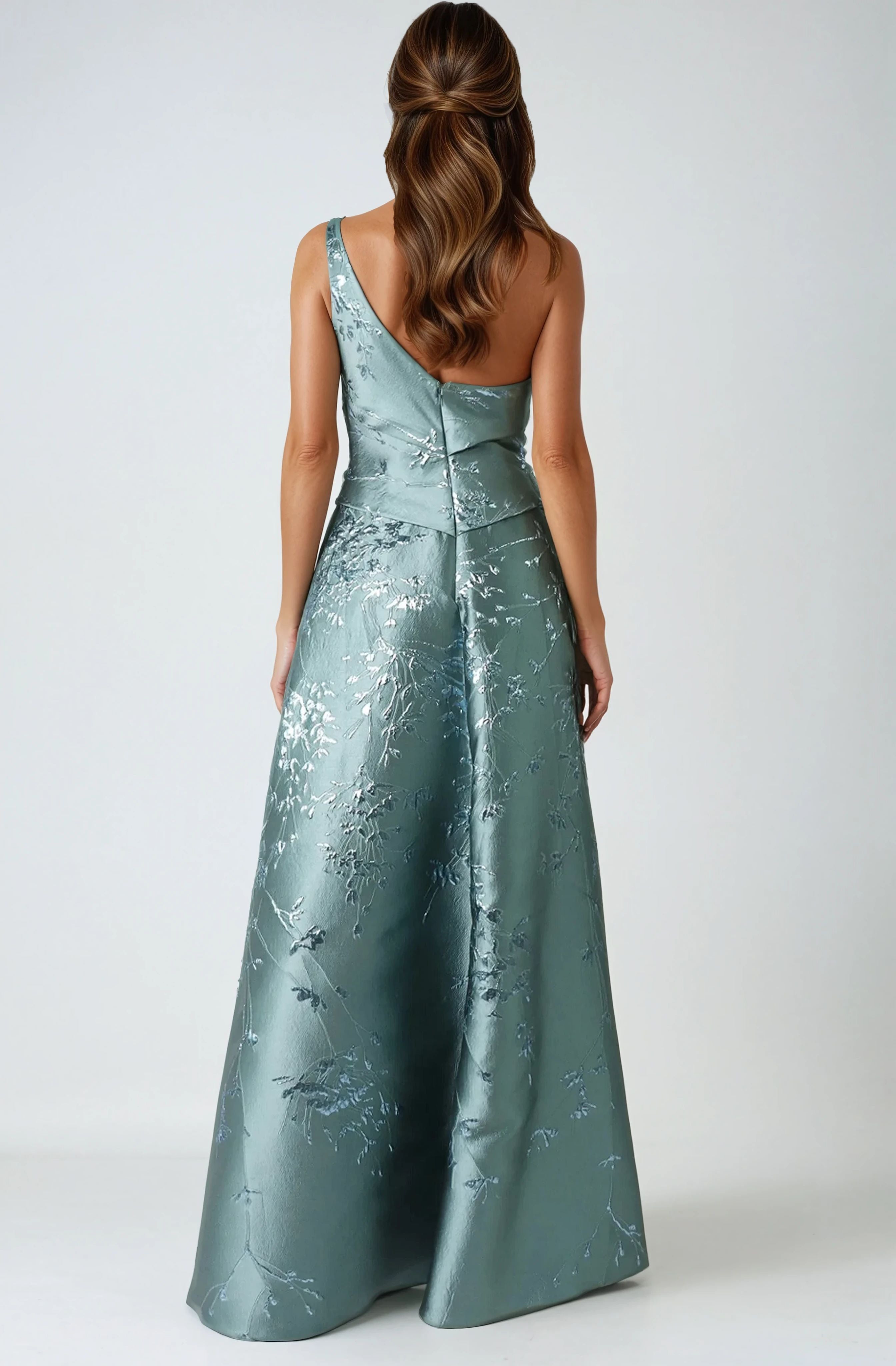One Shoulder Brocade Metallic Floral A-Line Gown Gown Rene Ruiz Collection