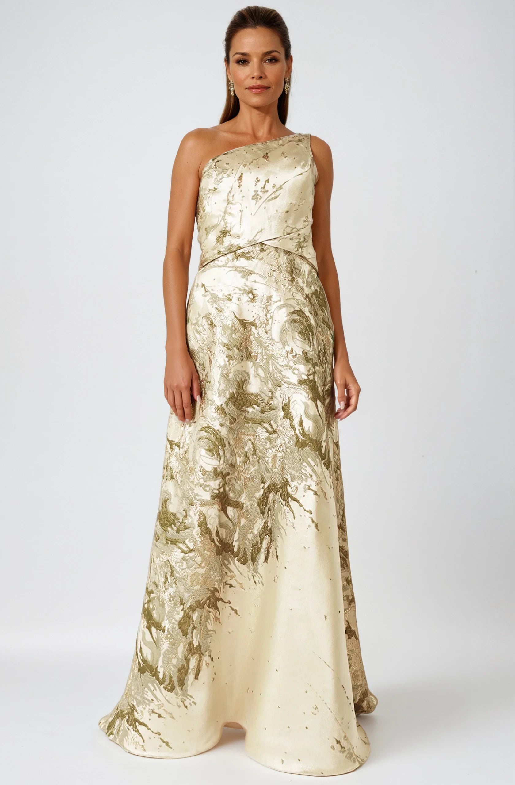 One Shoulder Brocade Metallic A-Line Gown Gown Rene Ruiz Collection