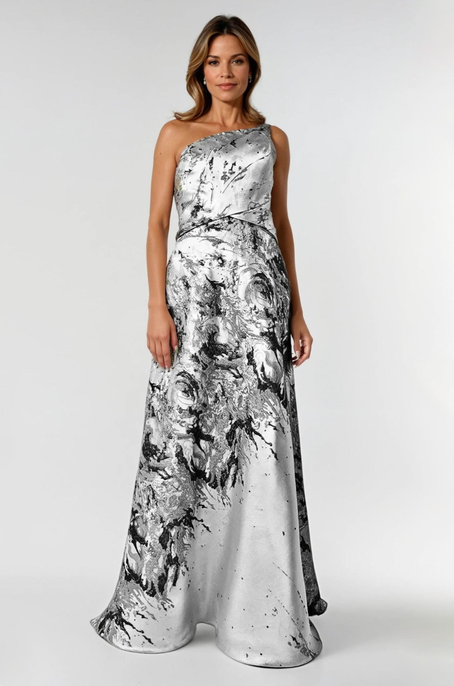 One Shoulder Brocade Metallic A-Line Gown Gown Rene Ruiz Collection