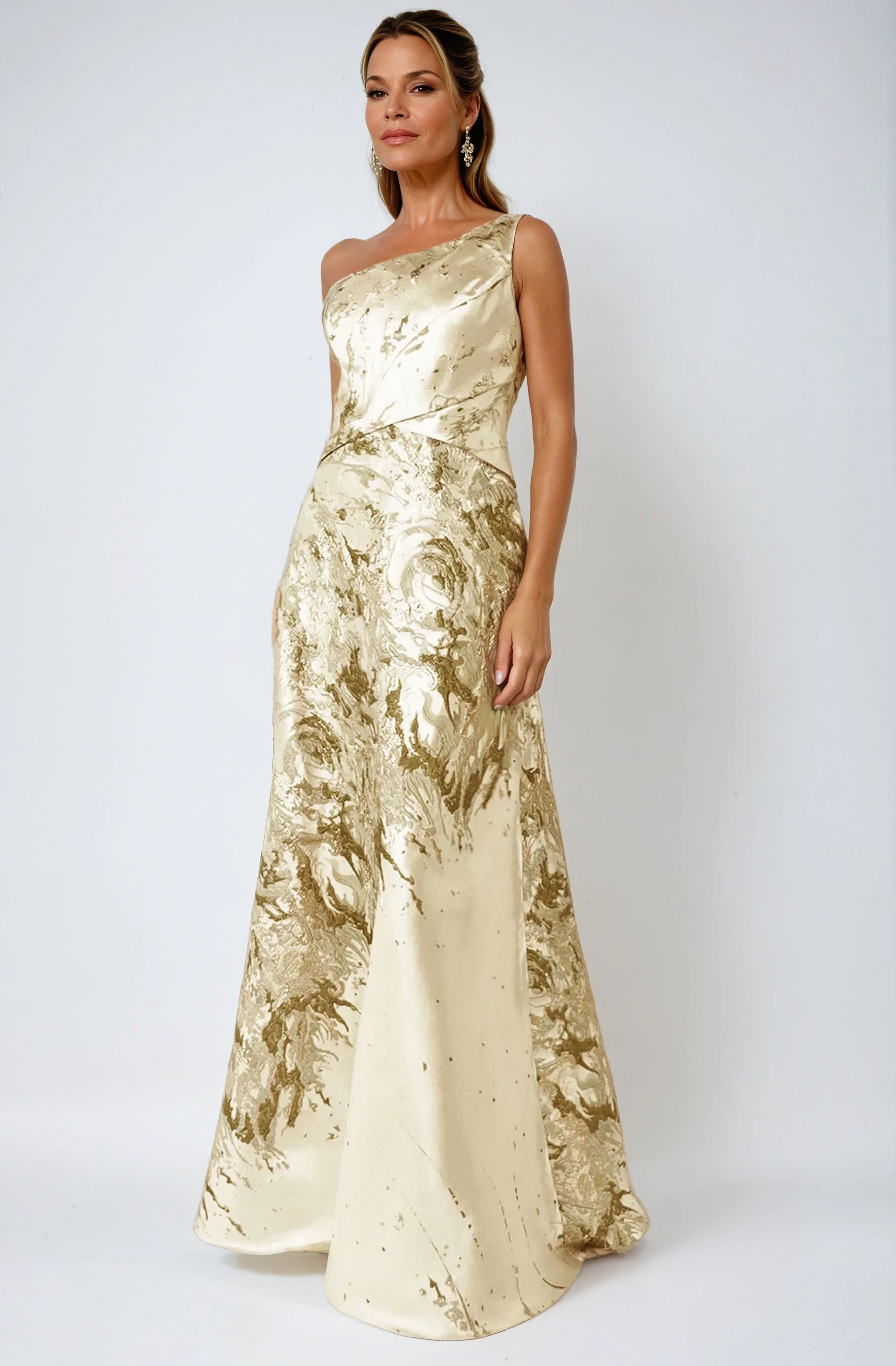 One Shoulder Brocade Metallic A-Line Gown Gown Rene Ruiz Collection