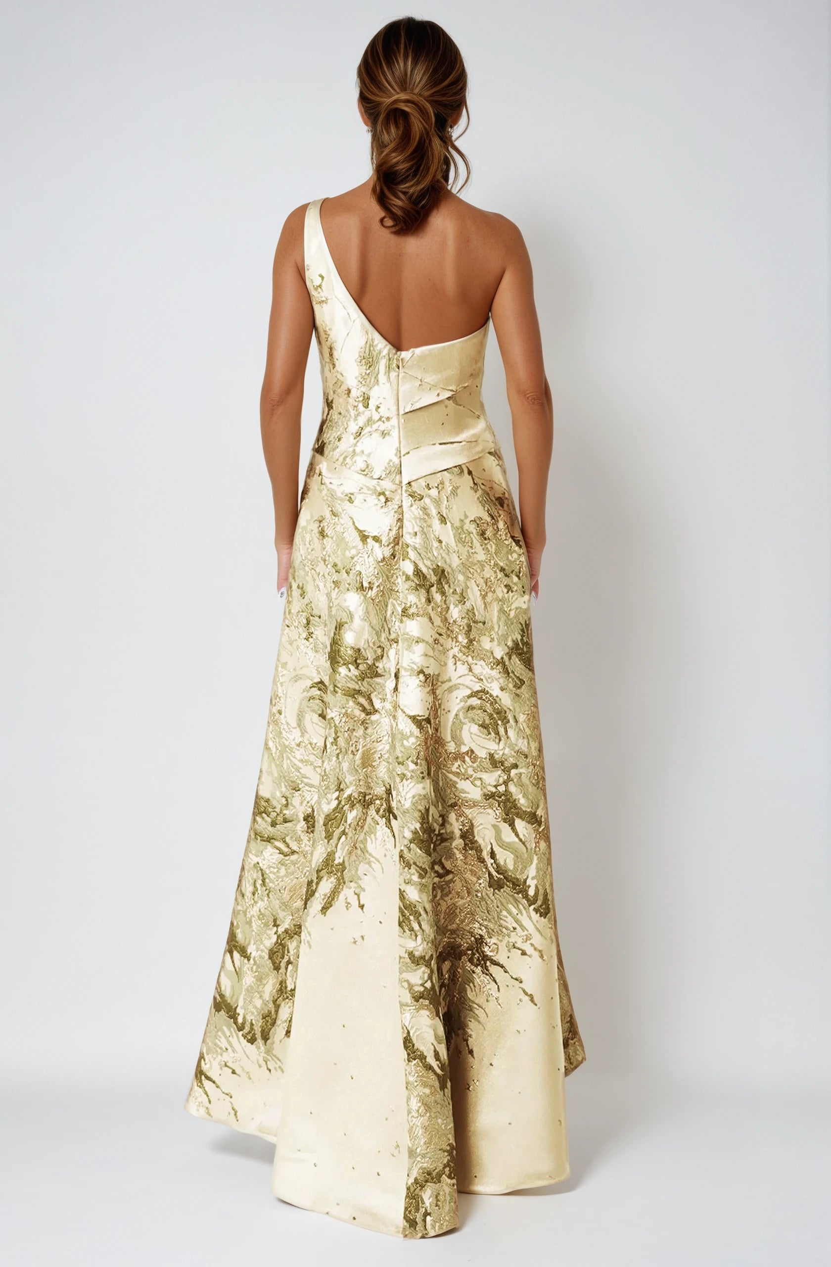 One Shoulder Brocade Metallic A-Line Gown Gown Rene Ruiz Collection