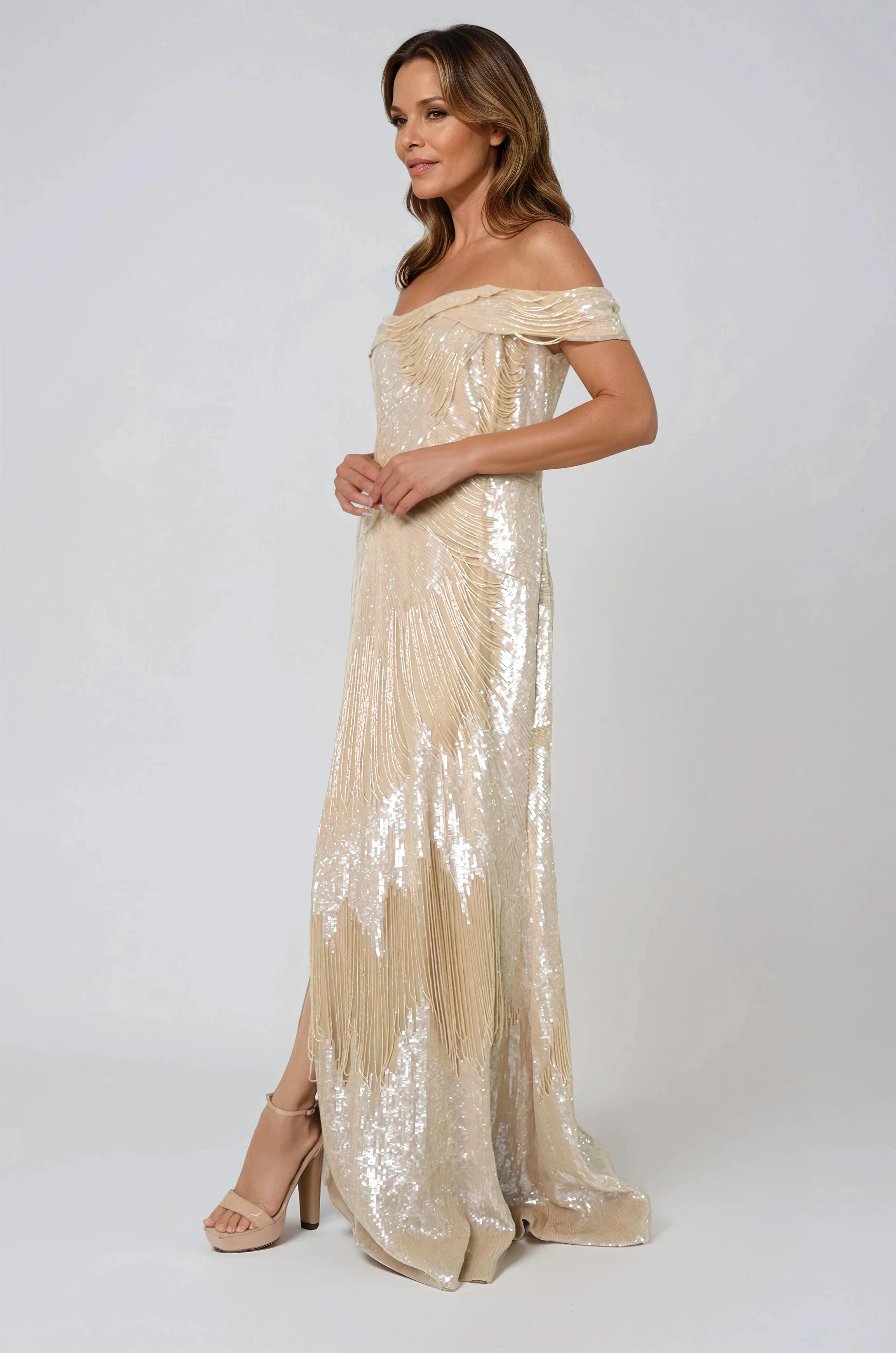 Off The Shoulder Beaded Column Gown Gown Rene Ruiz Collection