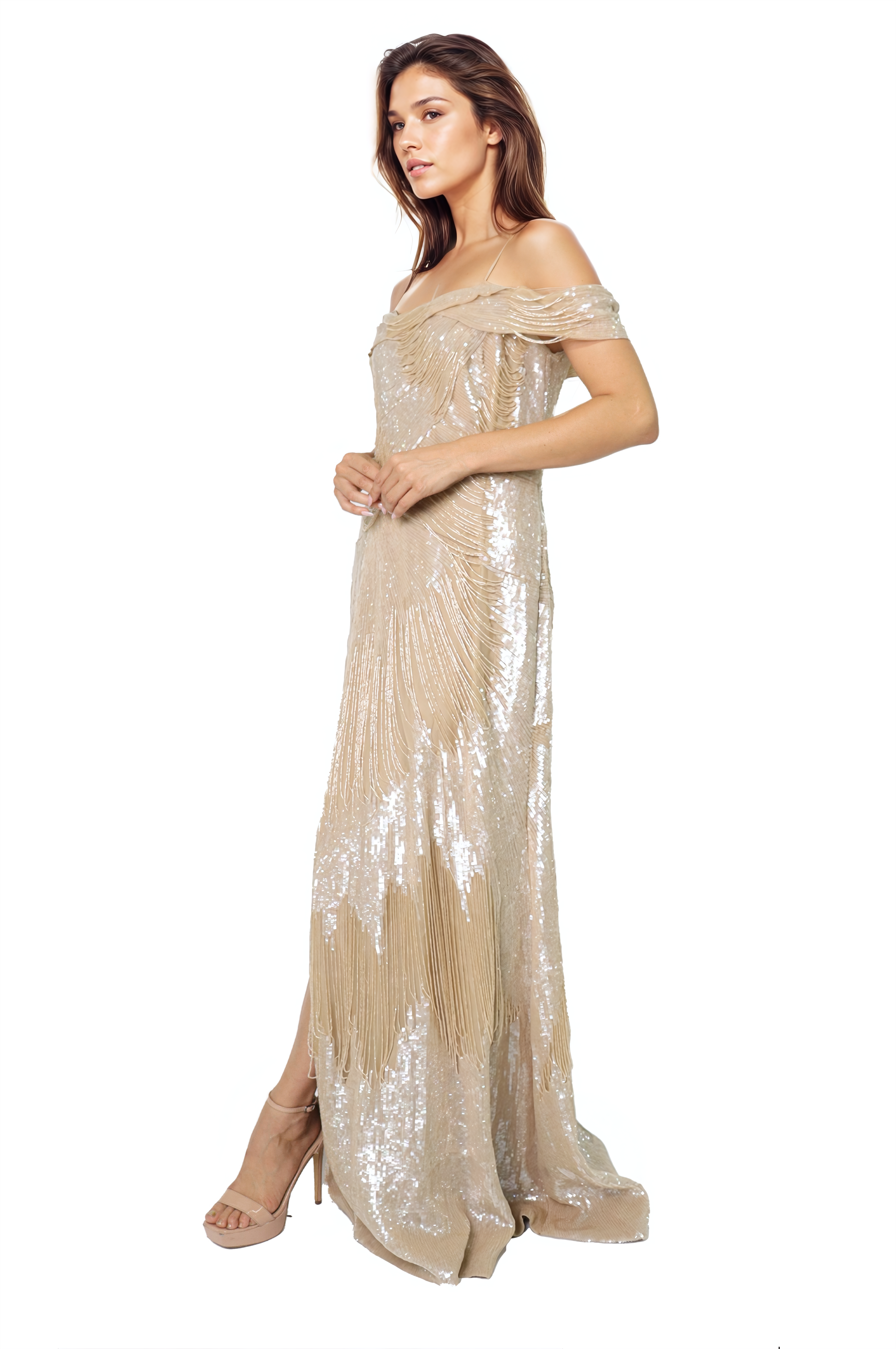 Off The Shoulder Beaded Column Gown Gown Rene Ruiz Collection