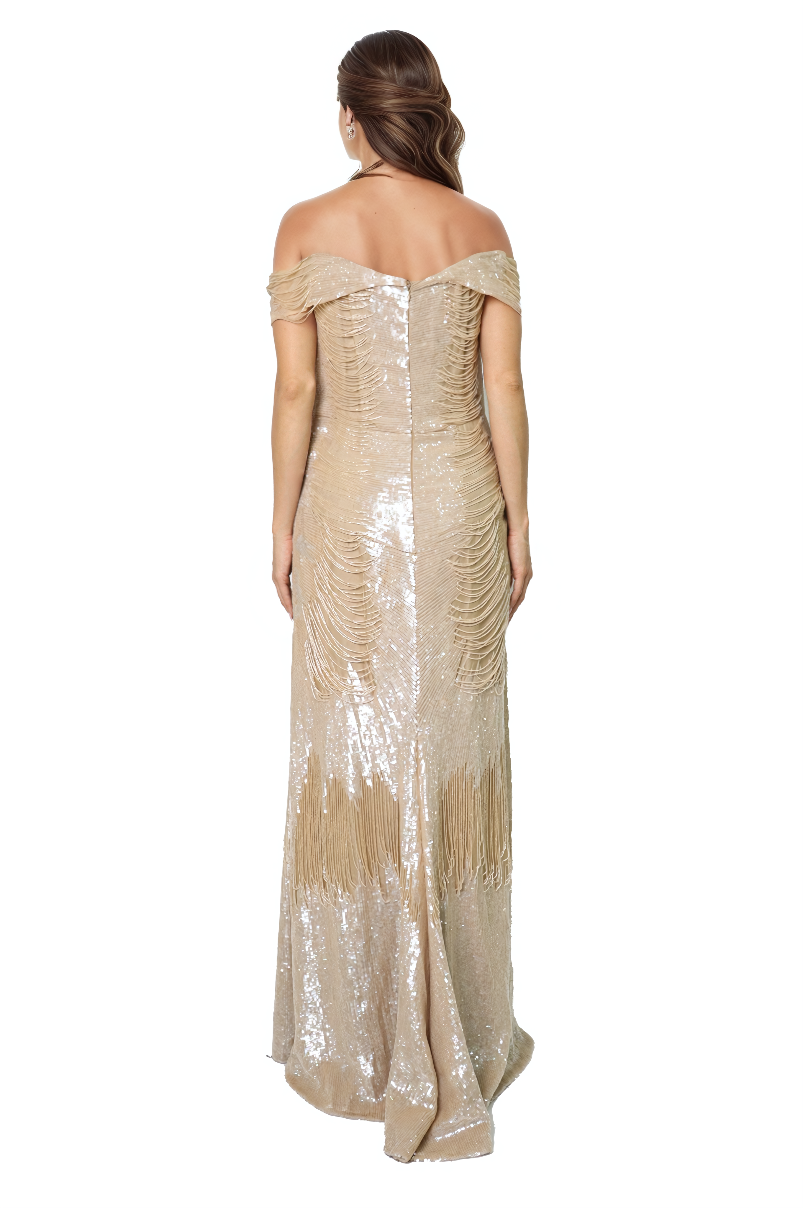 Off The Shoulder Beaded Column Gown Gown Rene Ruiz Collection