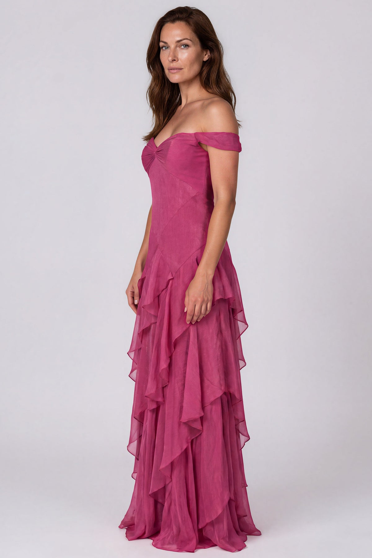 Off The Shoulder Tiered Ruffle Skirt Fit And Flare Chiffon Gown (boca stock) Gown Rene Ruiz Collection