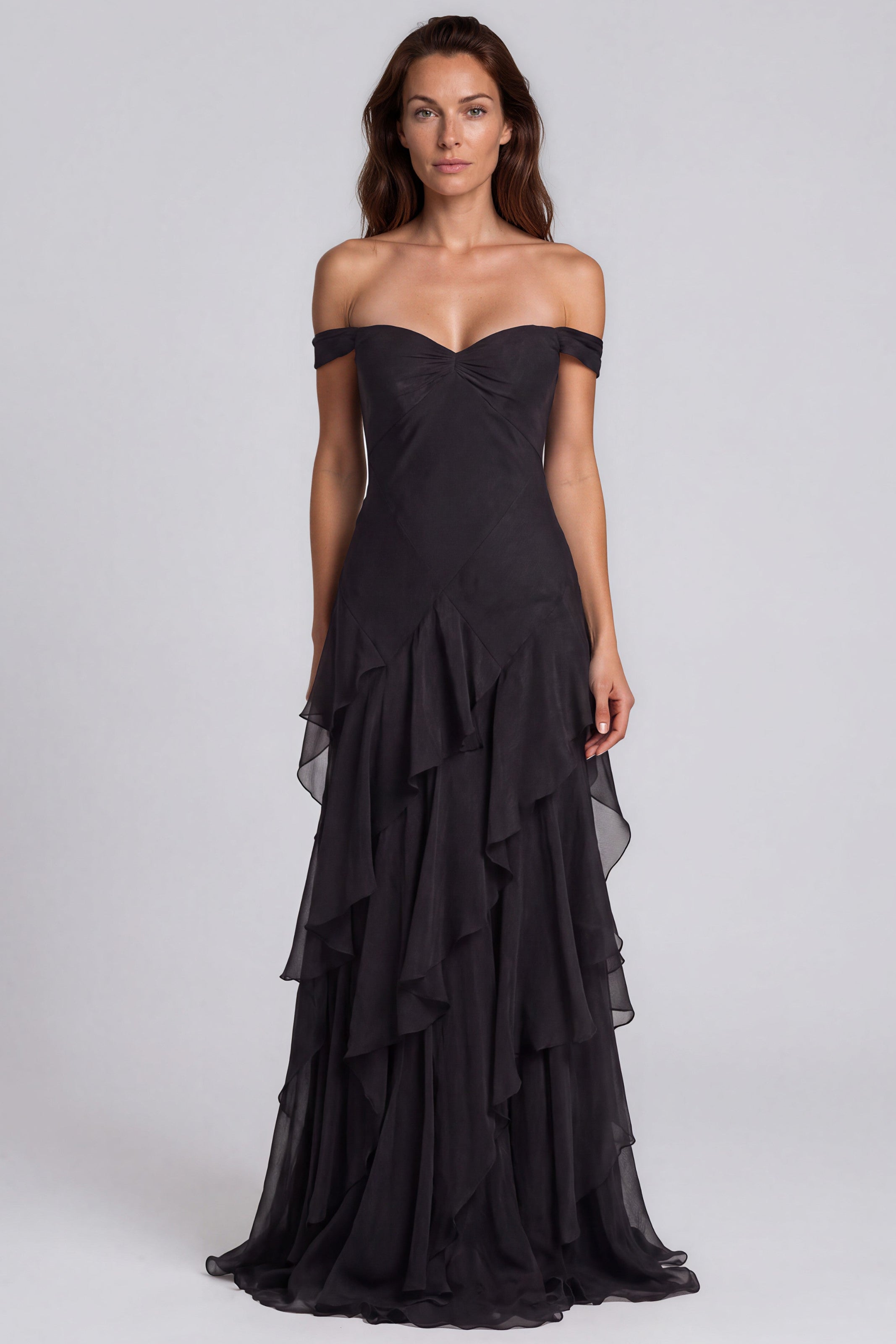Off The Shoulder Tiered Ruffle Skirt Fit And Flare Chiffon Gown Gown Rene Ruiz Collection