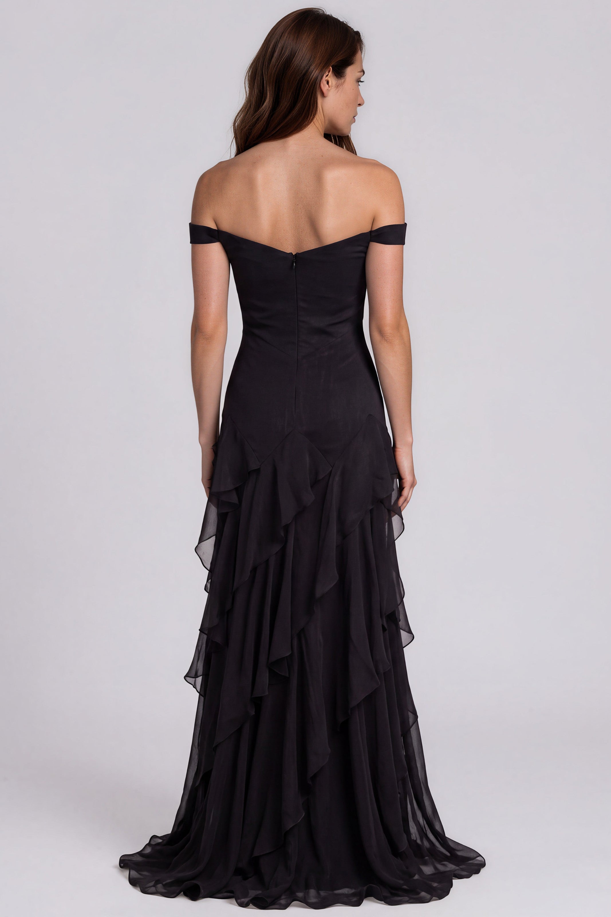 Off The Shoulder Tiered Ruffle Skirt Fit And Flare Chiffon Gown Gown Rene Ruiz Collection