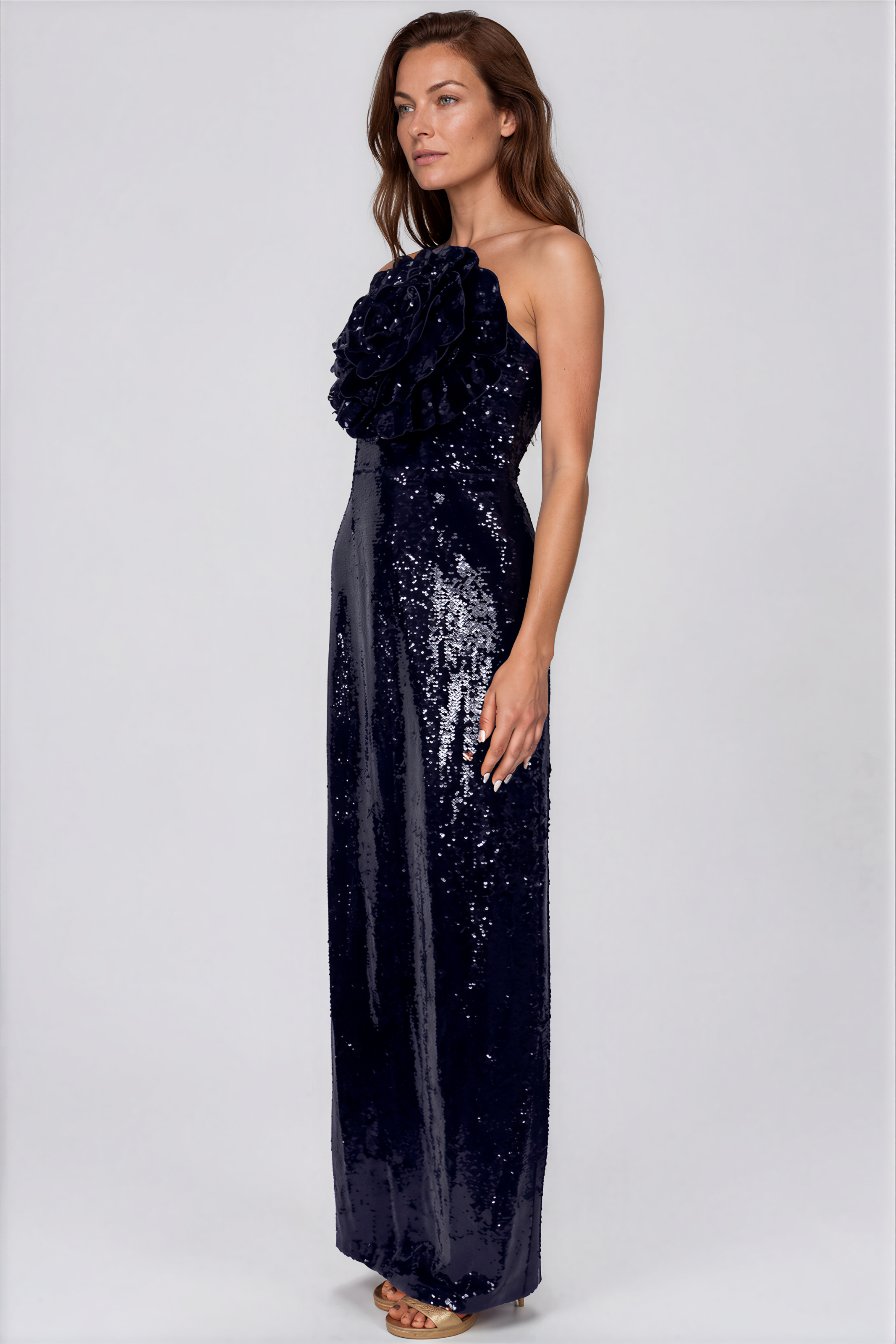 Halter Rosette Sequin Column Gown Gown Rene Ruiz Collection