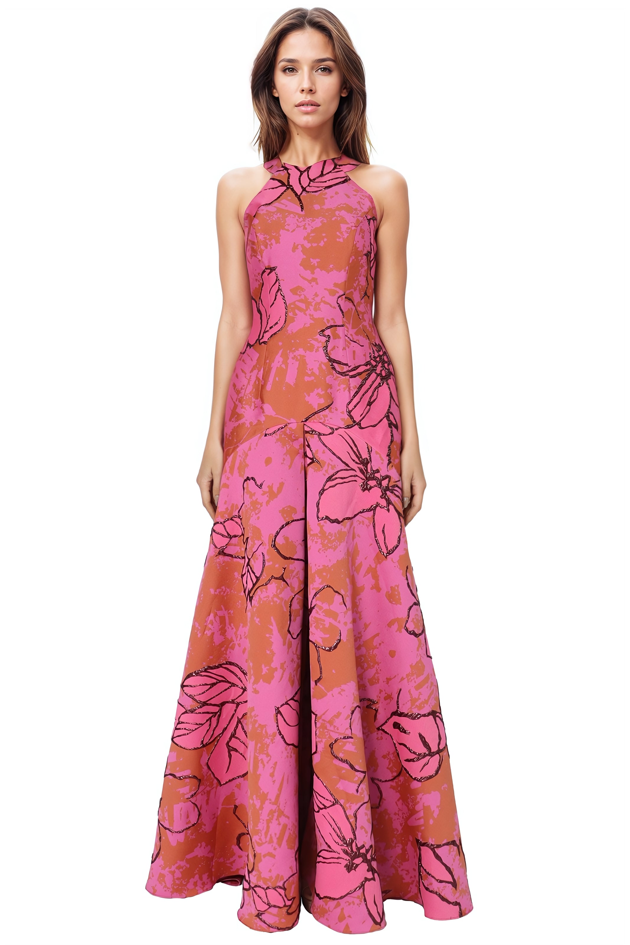 Halter Brocade Fit and Flare Gown Gown Rene Ruiz Collection