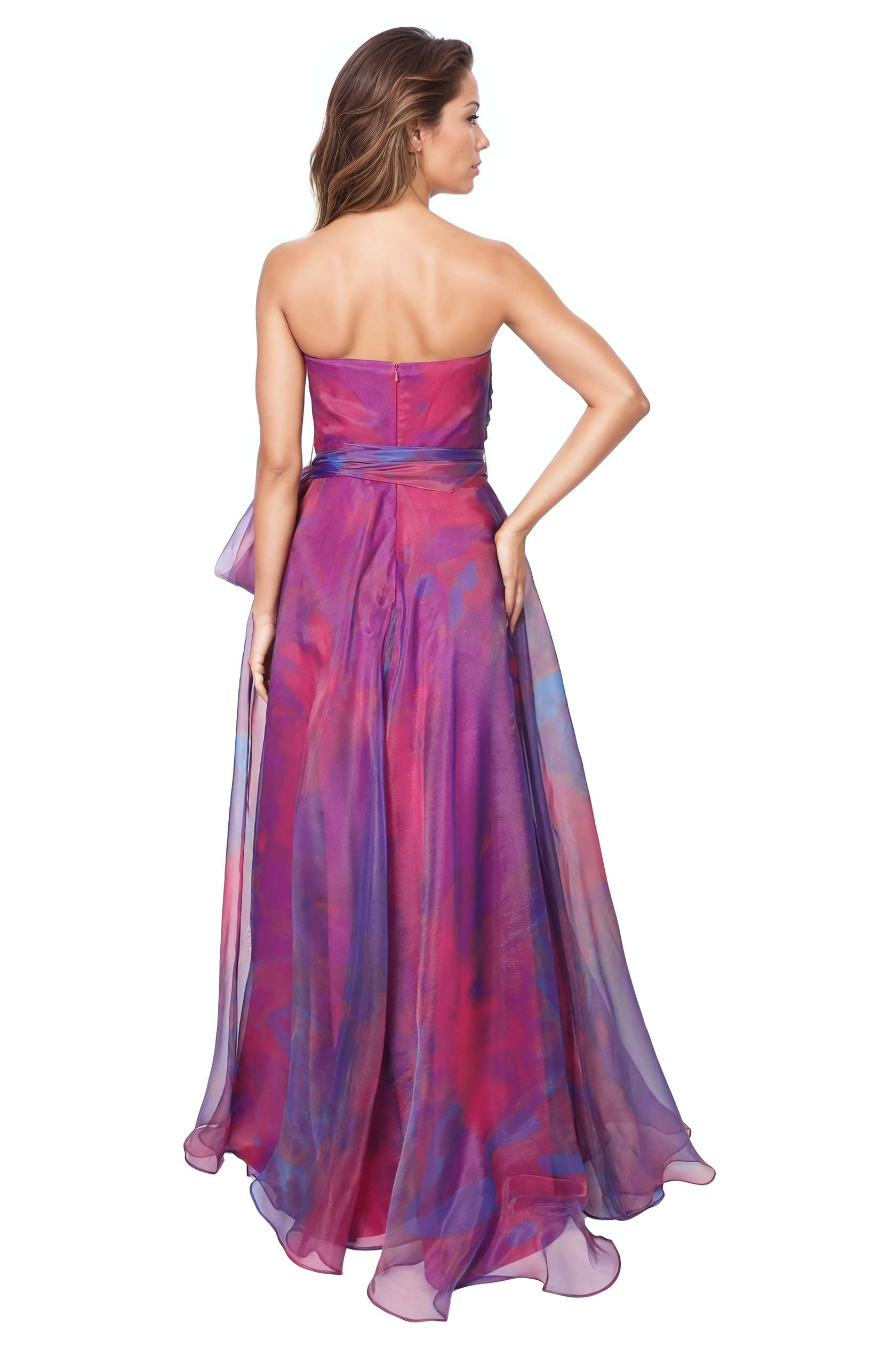 Strapless Organza Gown with Belt Gown Rene Ruiz Collection