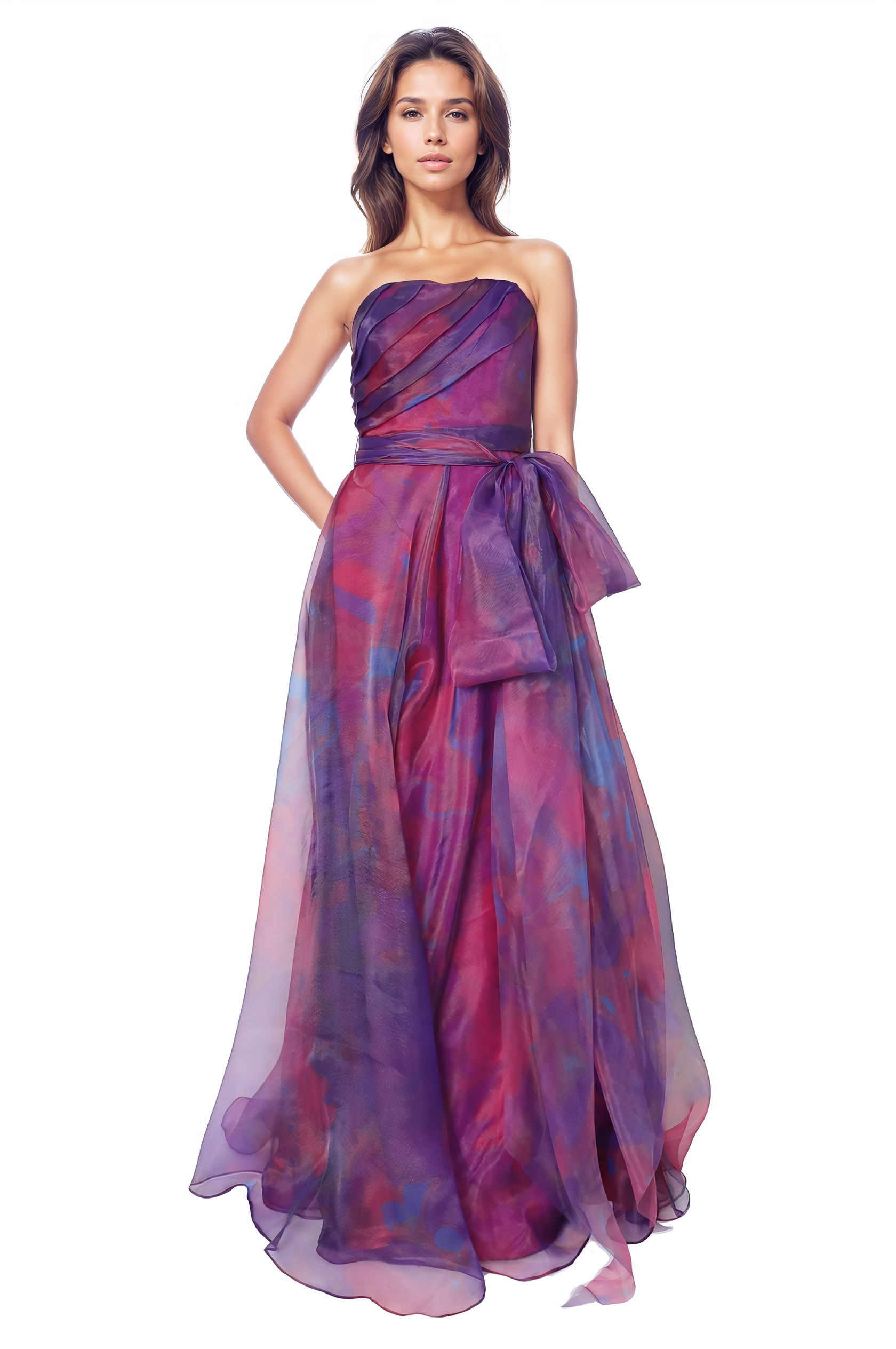Strapless Organza Gown with Belt Gown Rene Ruiz Collection