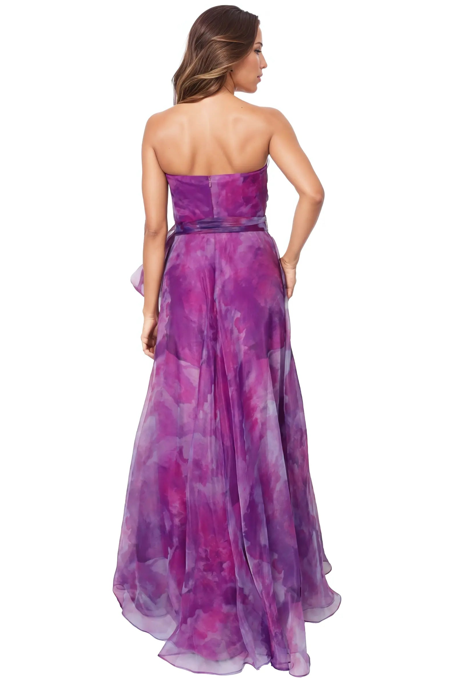 Strapless Organza Gown With Belt Gown Rene Ruiz Collection