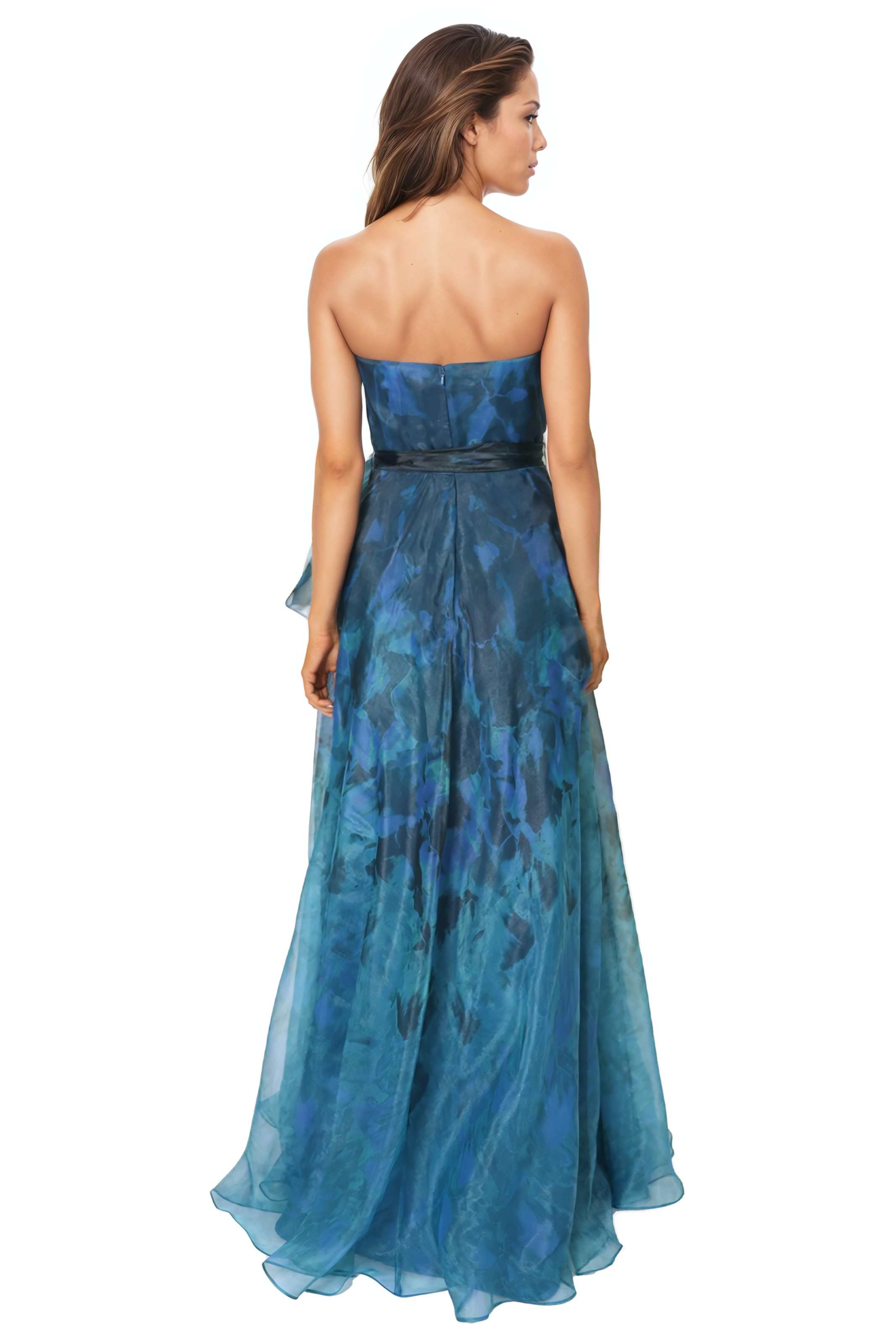 Strapless Organza Gown with Belt Gown Rene Ruiz Collection