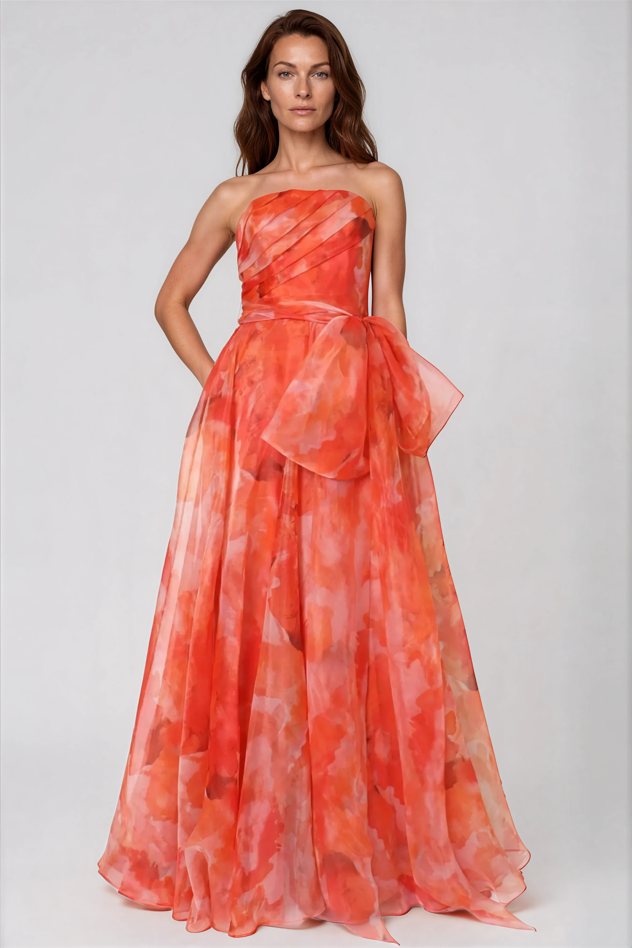 Strapless Organza Gown With Belt Gown Rene Ruiz Collection
