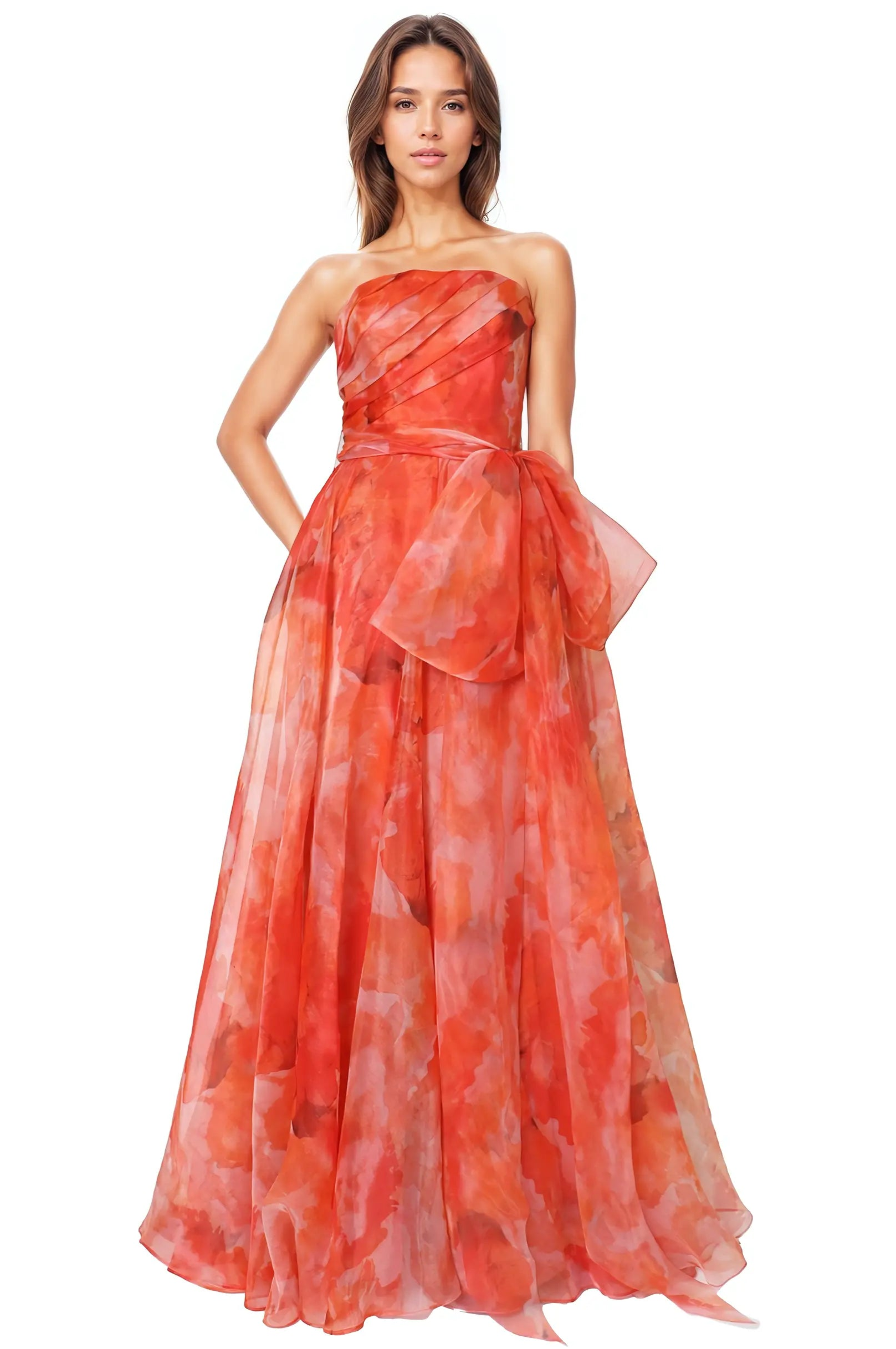 Strapless Organza Gown With Belt Gown Rene Ruiz Collection