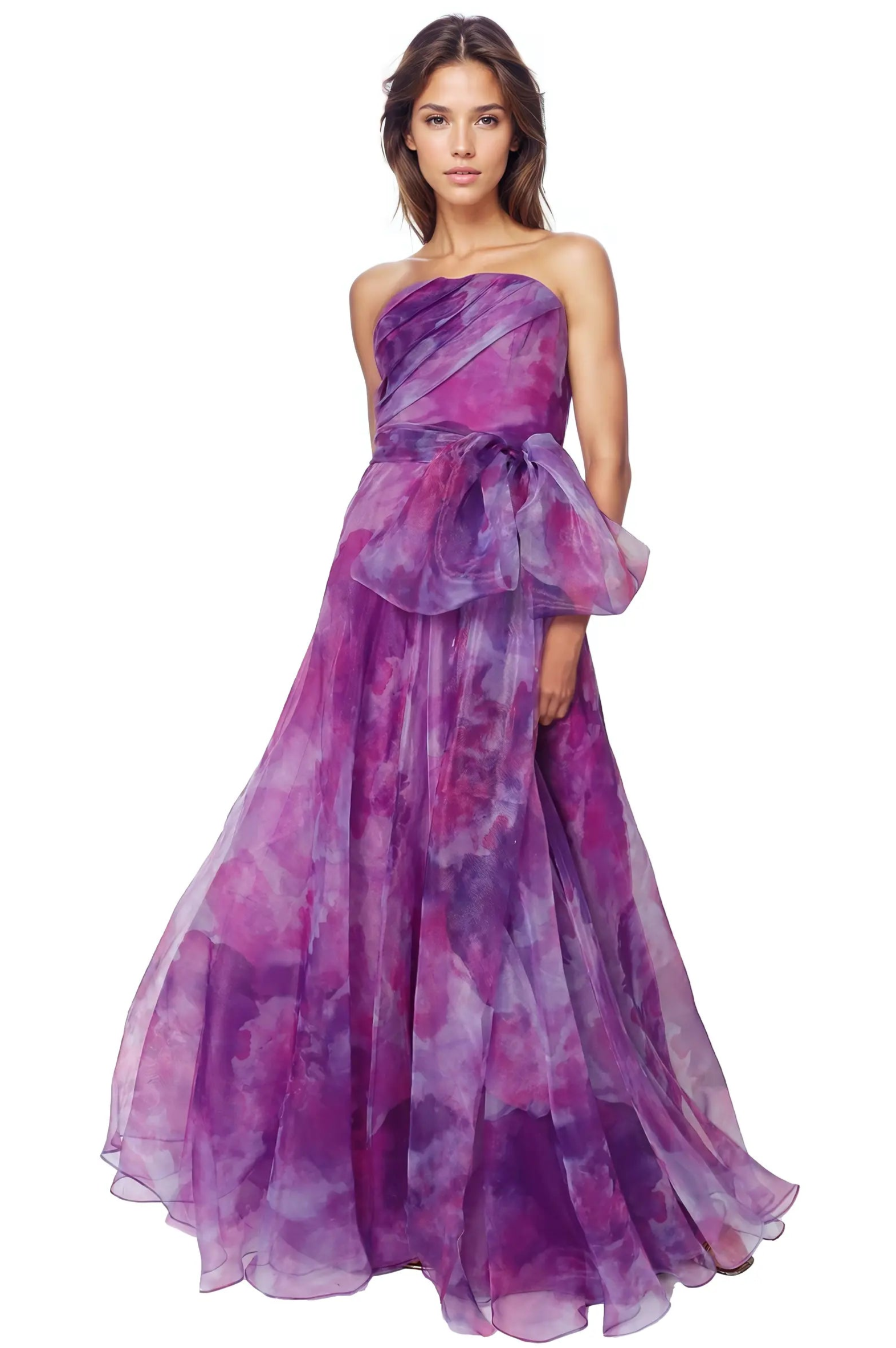 Strapless Organza Gown With Belt Gown Rene Ruiz Collection