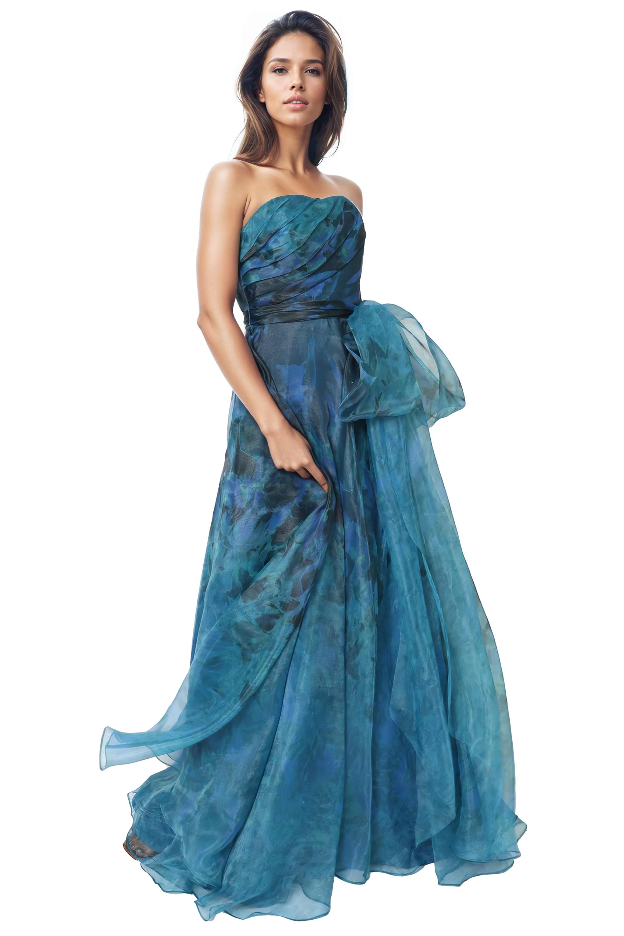 Strapless Organza Gown with Belt Gown Rene Ruiz Collection