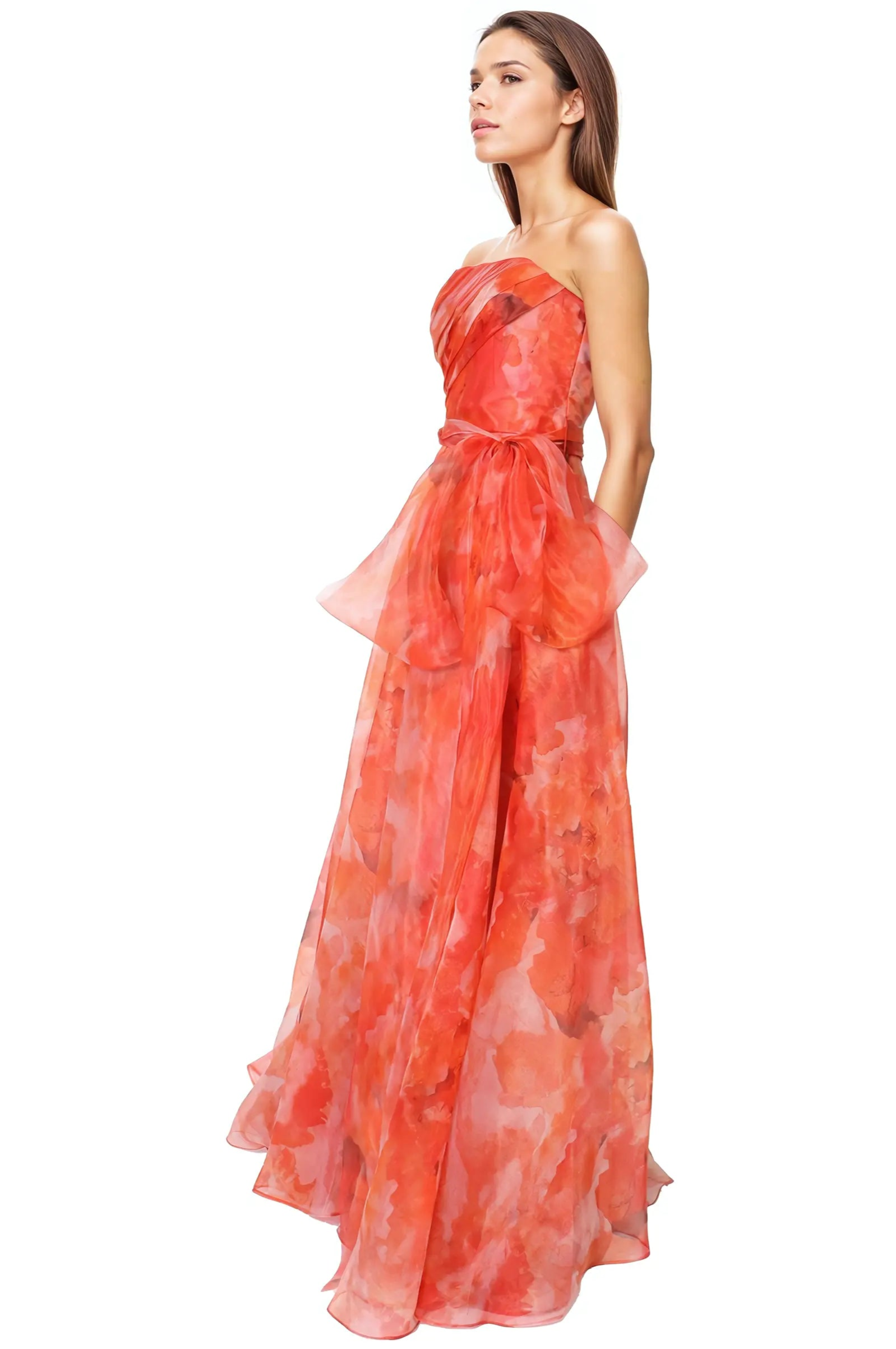 Strapless Organza Gown With Belt Gown Rene Ruiz Collection