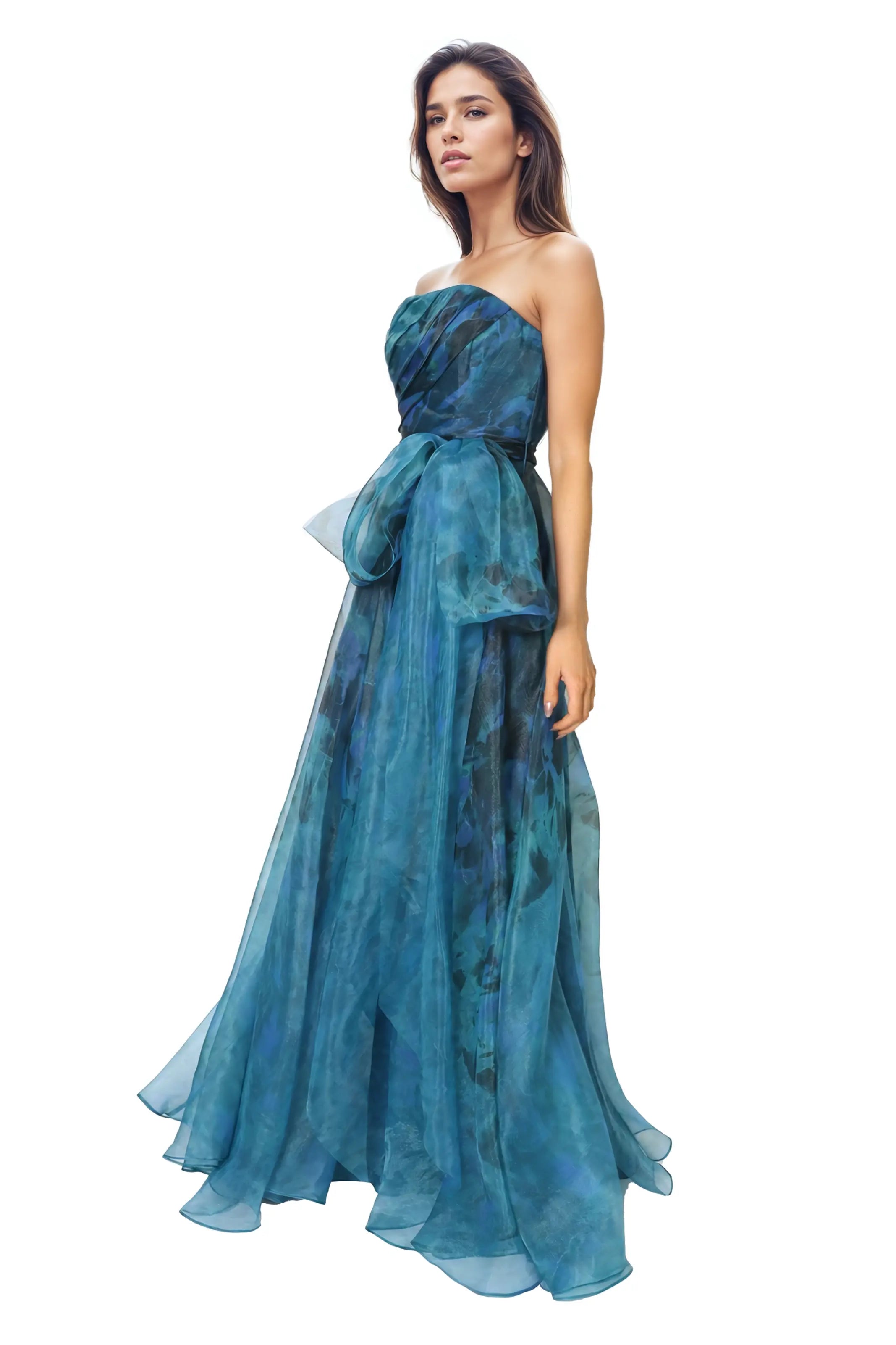 Strapless Organza Gown with Belt Gown Rene Ruiz Collection
