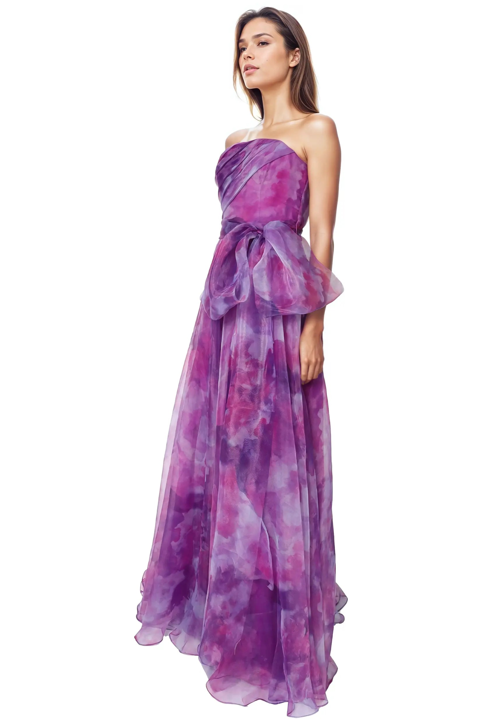 Strapless Organza Gown With Belt Gown Rene Ruiz Collection