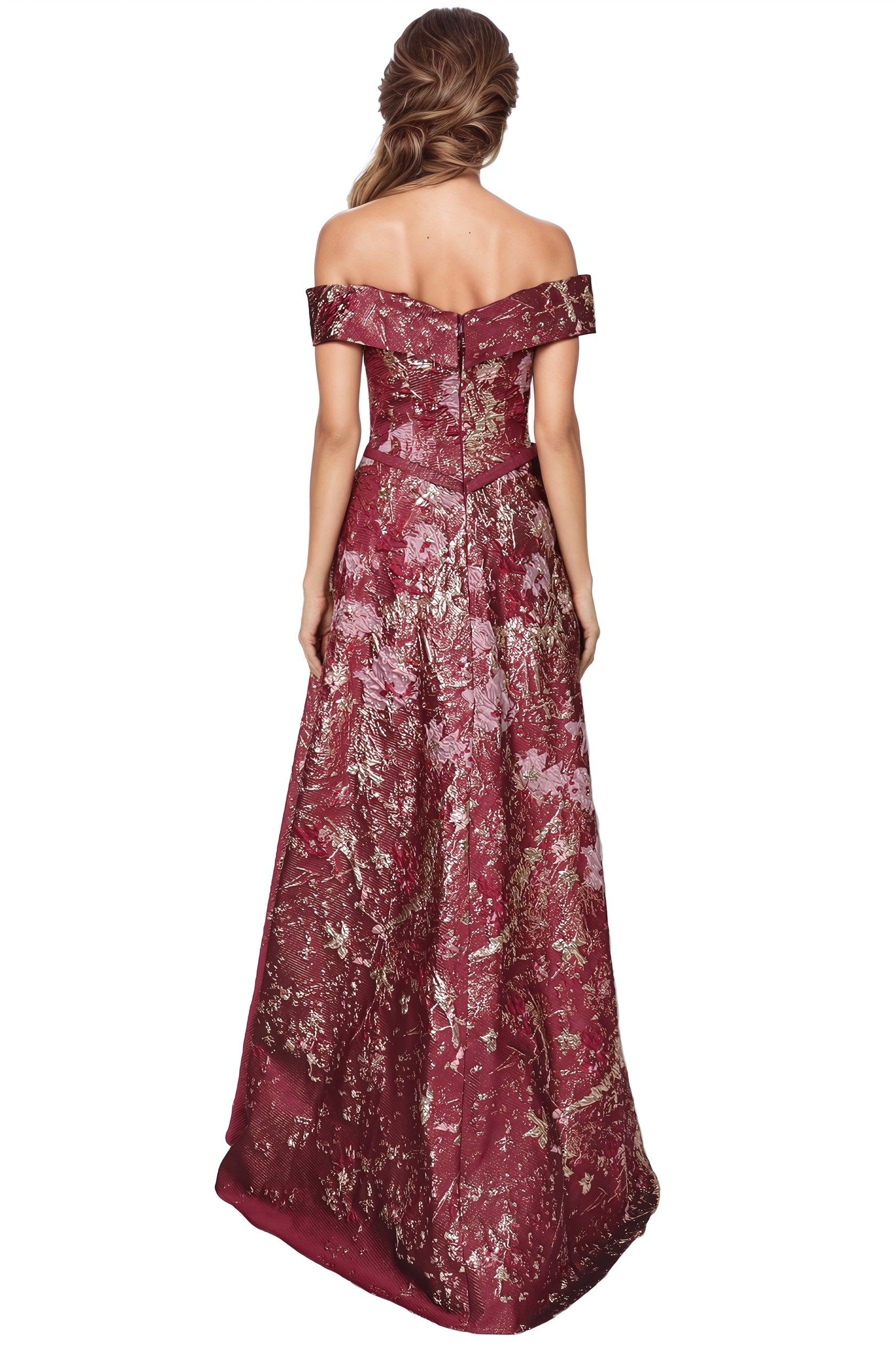 Off The Shoulder A-Line Brocade Gown Gown Rene Ruiz Collection