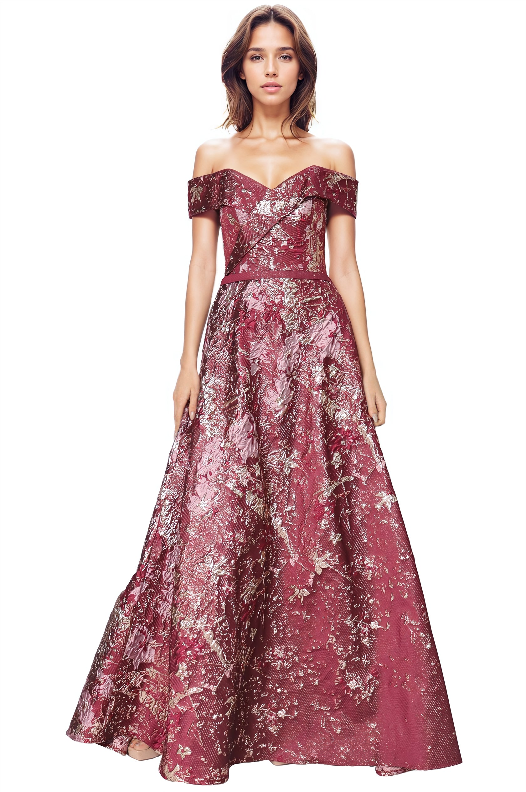 Off The Shoulder A-Line Brocade Gown Gown Rene Ruiz Collection