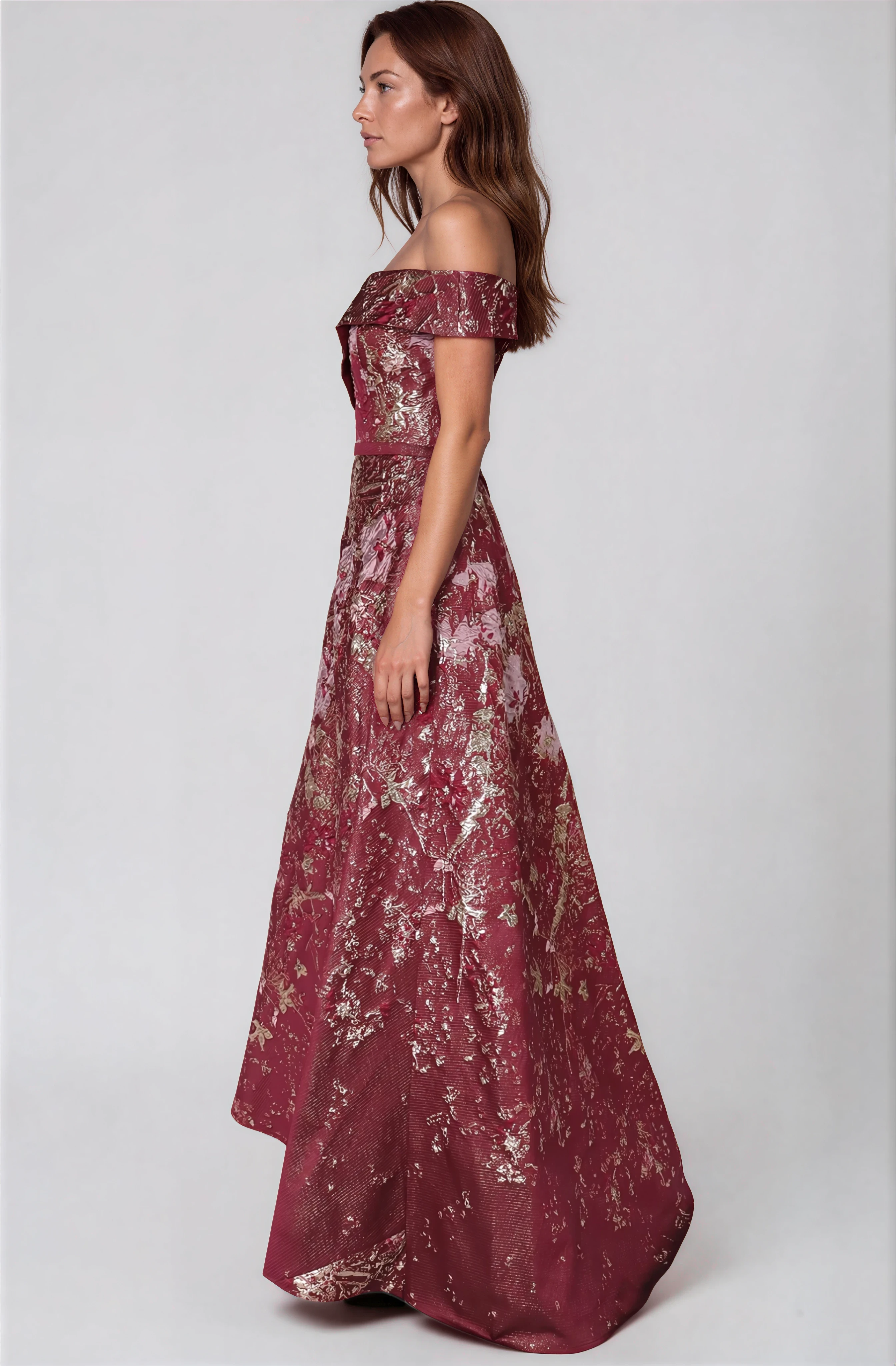 Off The Shoulder A-Line Brocade Gown Gown Rene Ruiz Collection
