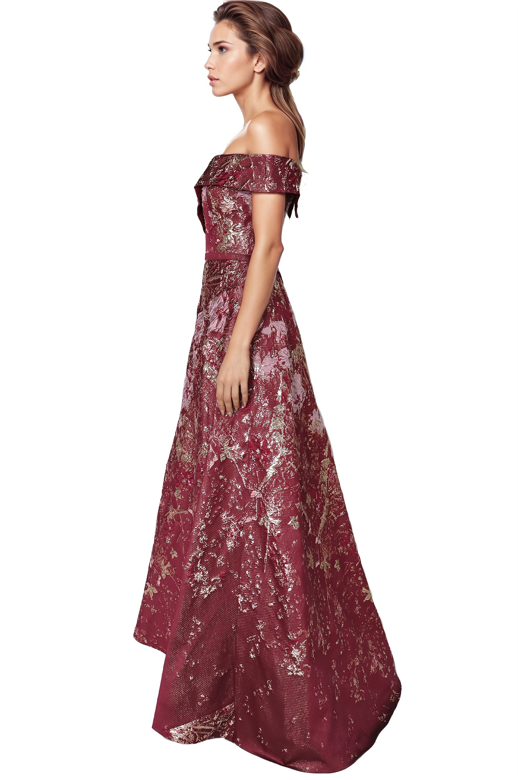 Off The Shoulder A-Line Brocade Gown Gown Rene Ruiz Collection