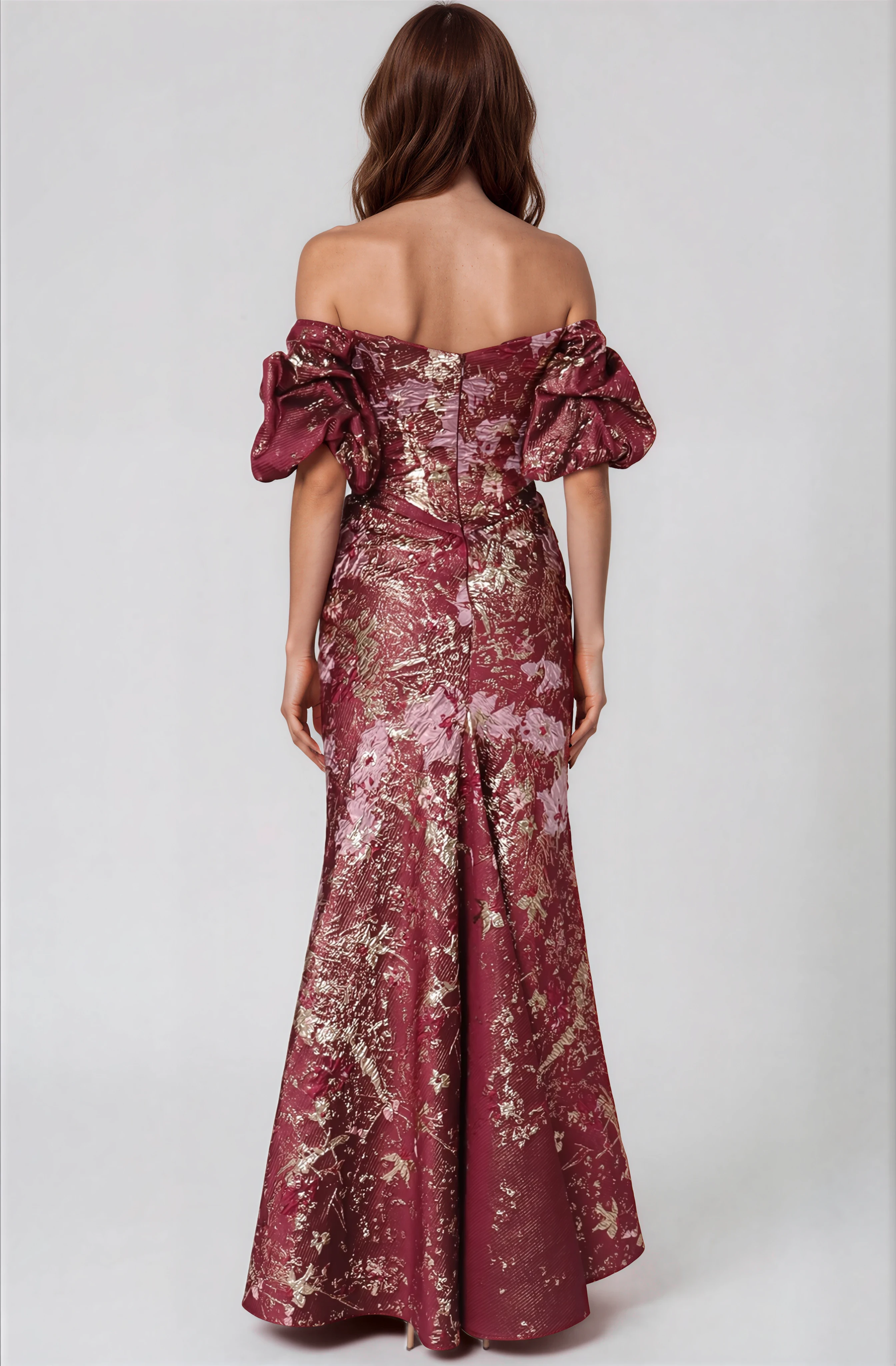 Off The Shoulder Gathered Puff Sleeve Brocade Gown with Notched Neckline