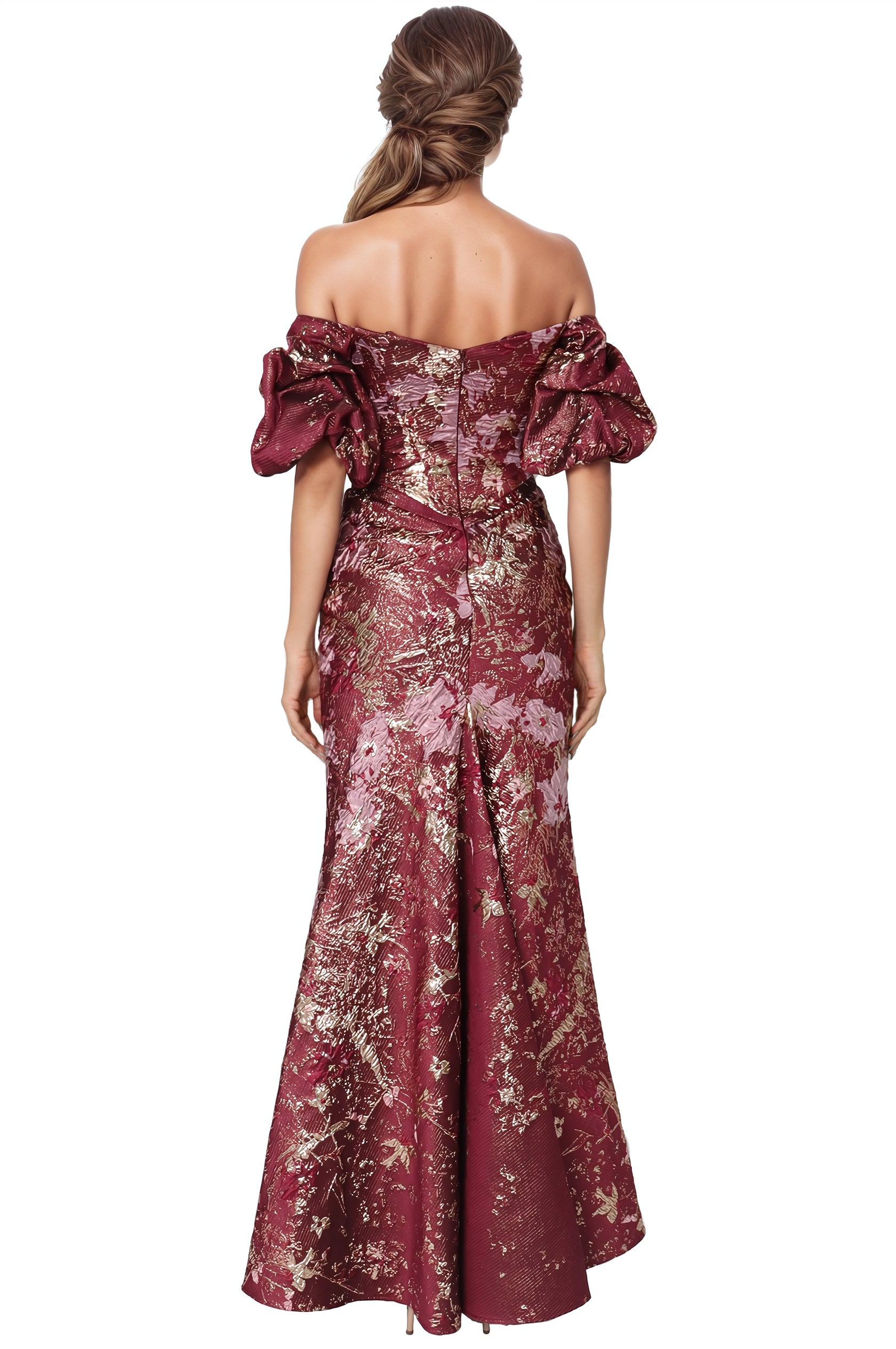 Off The Shoulder Gathered Puff Sleeve Brocade Gown with Notched Neckline Gown Rene Ruiz Collection