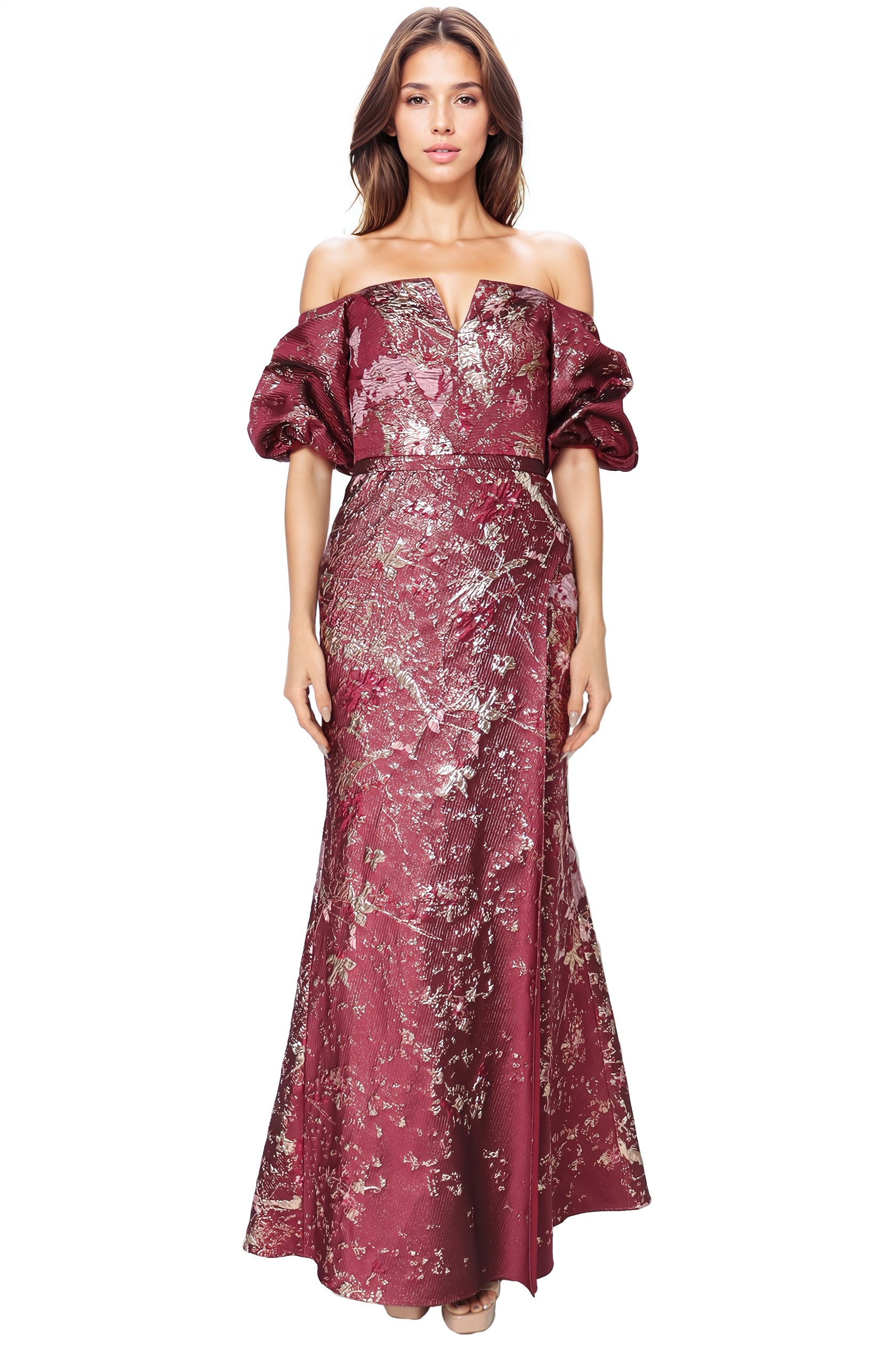 Off The Shoulder Gathered Puff Sleeve Brocade Gown with Notched Neckline Gown Rene Ruiz Collection