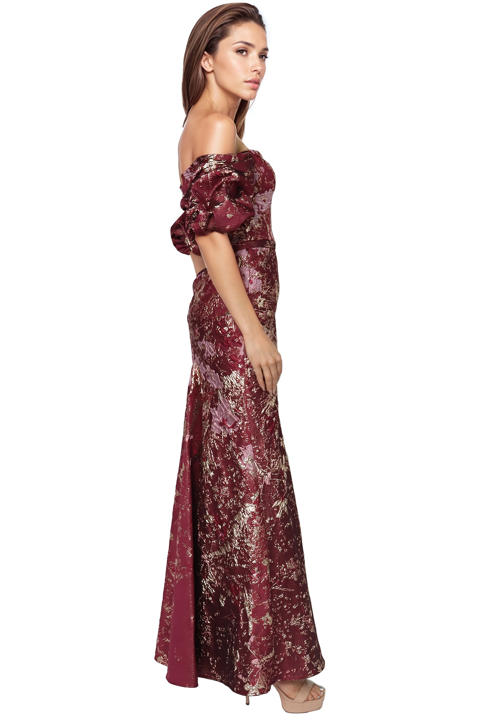 Off The Shoulder Gathered Puff Sleeve Brocade Gown with Notched Neckline Gown Rene Ruiz Collection