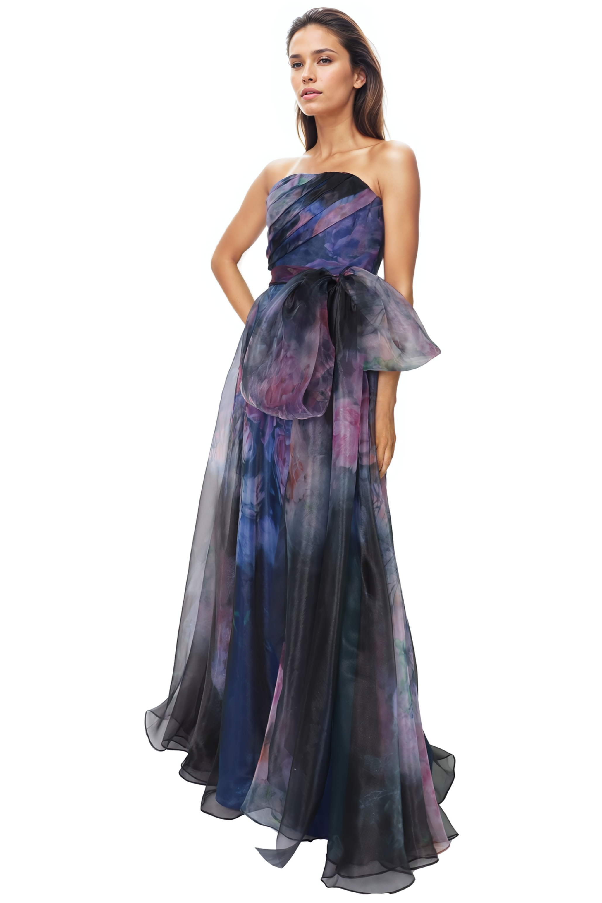 Strapless Organza Gown With Belt Gown Rene Ruiz Collection