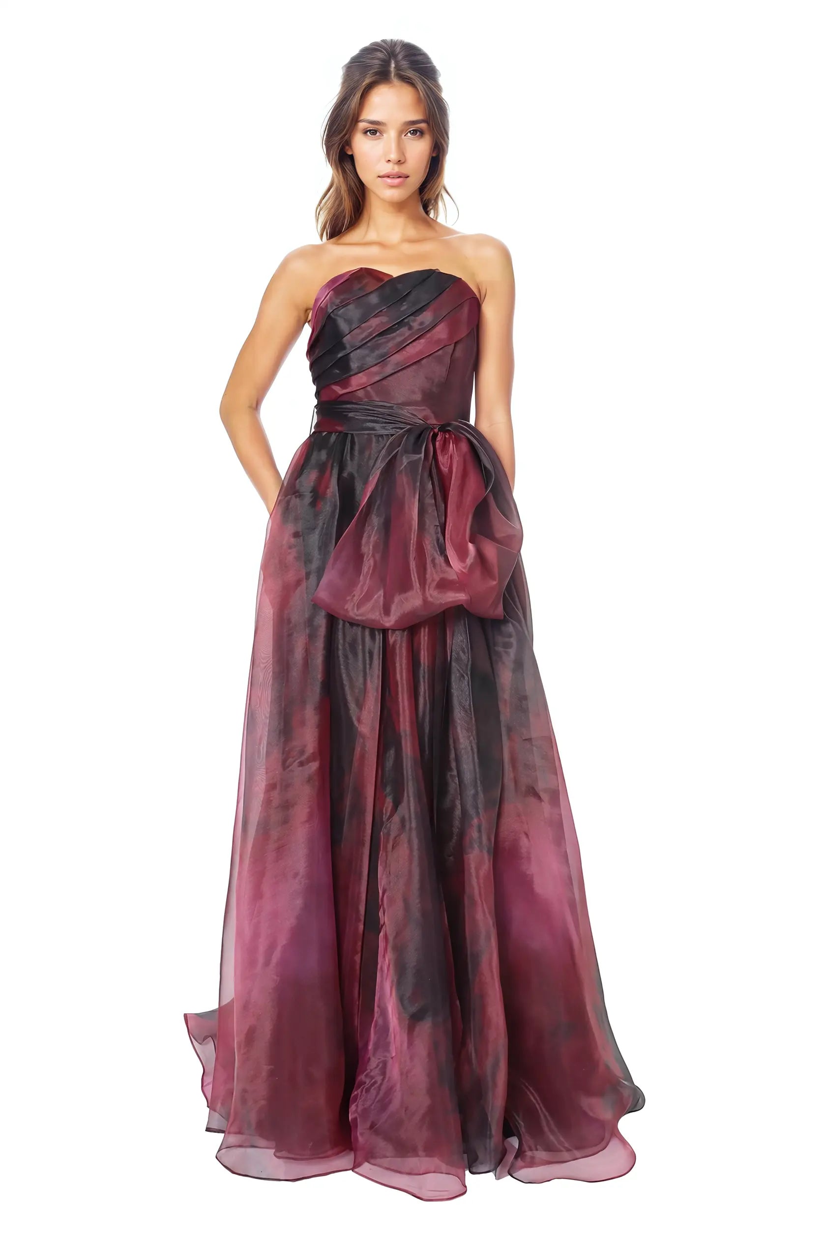 Strapless Organza Gown With Belt Gown Rene Ruiz Collection