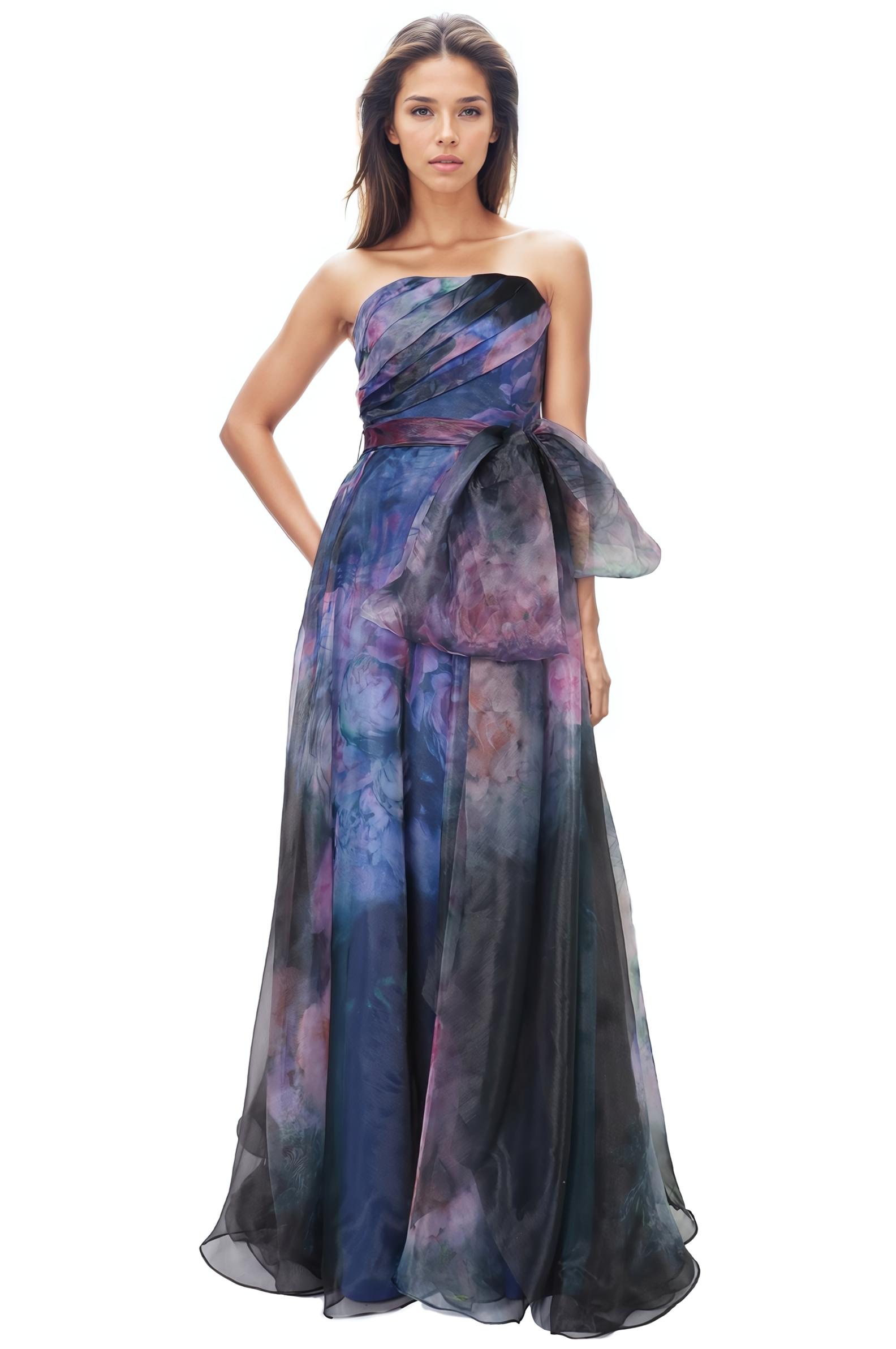 Strapless Organza Gown With Belt Gown Rene Ruiz Collection