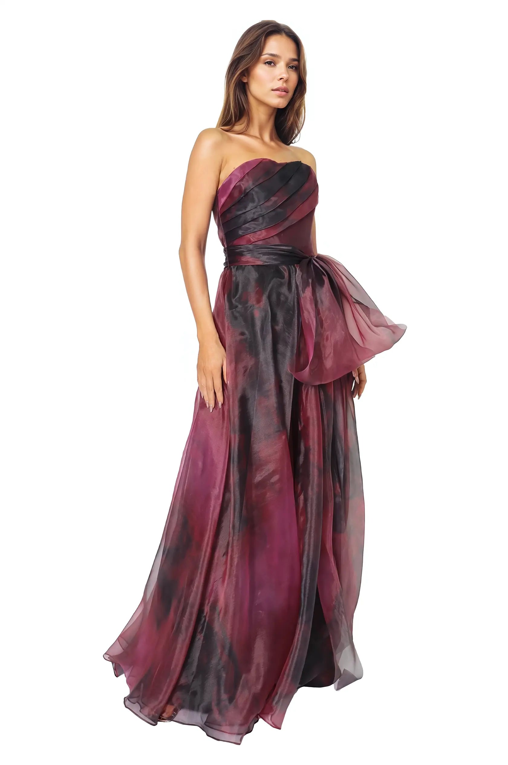 Strapless Organza Gown With Belt Gown Rene Ruiz Collection