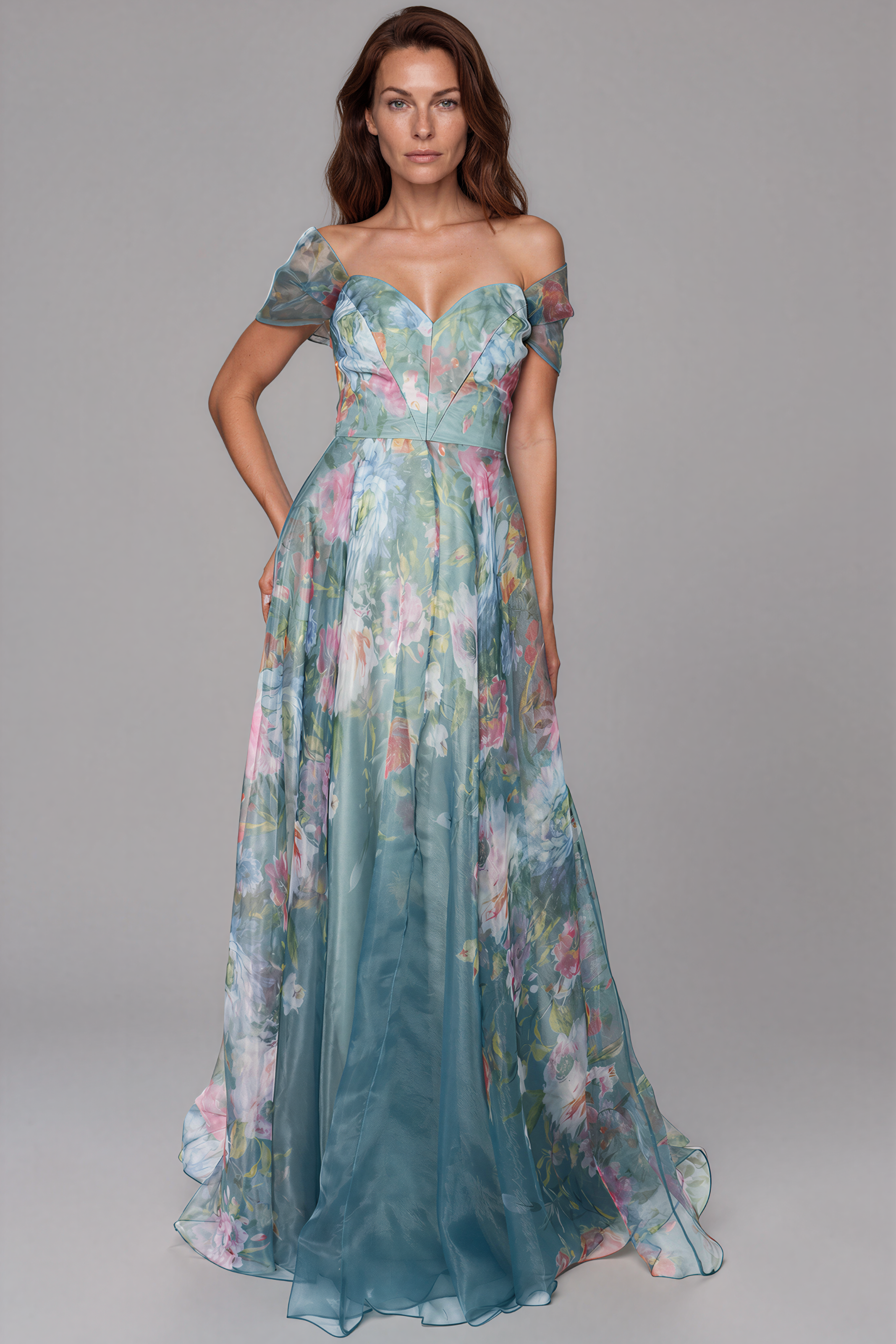 Wrap Sleeve Off The Shoulder Organza Gown Gown Rene Ruiz Collection