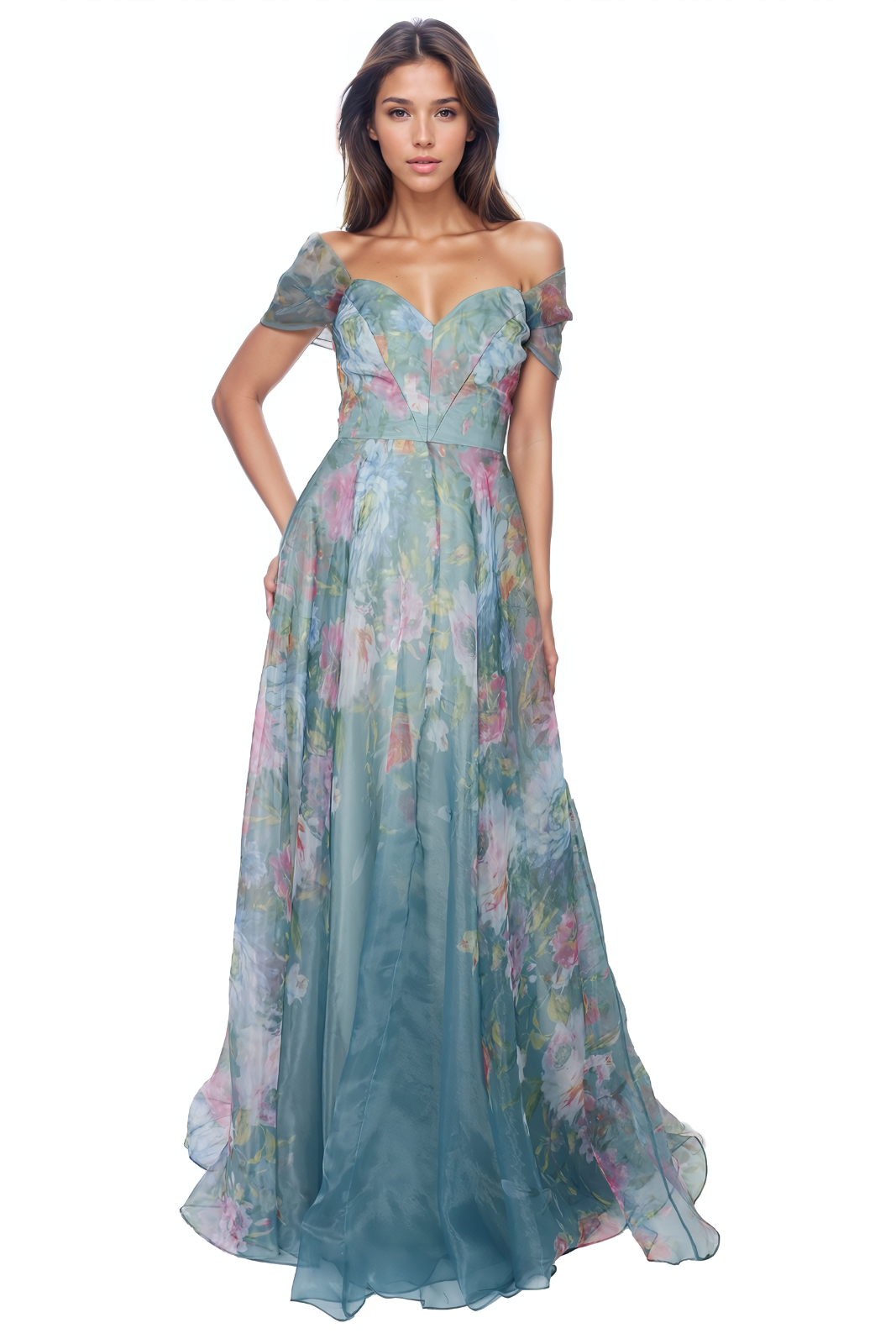 Wrap Sleeve Off The Shoulder Organza Gown Gown Rene Ruiz Collection