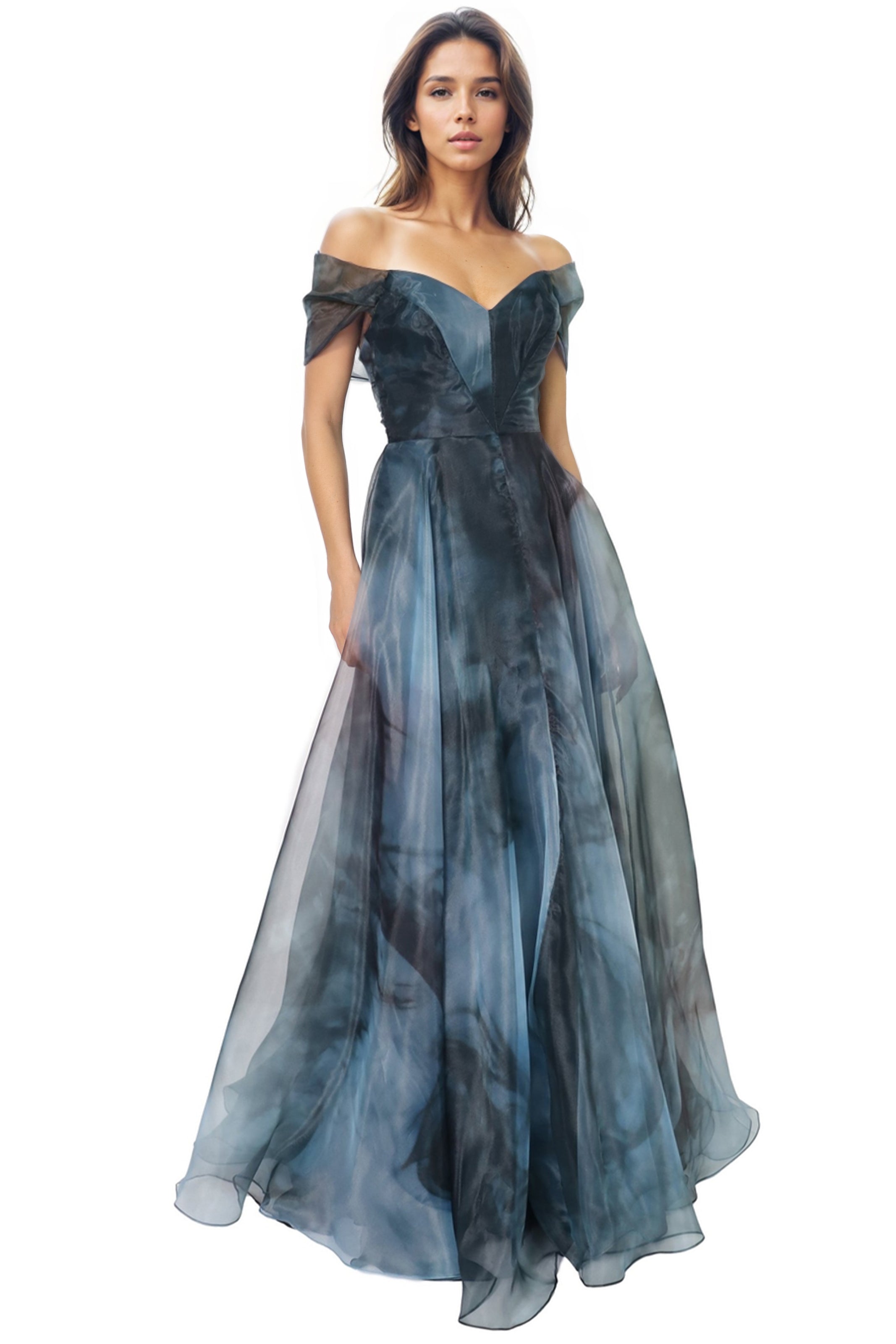 Wrap Sleeve Off The Shoulder Organza Gown Gown Rene Ruiz Collection
