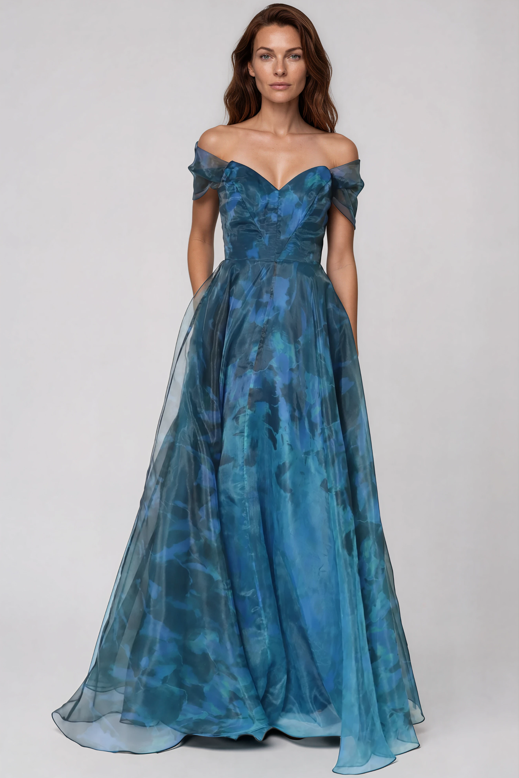 Wrap Sleeve Off The Shoulder Organza Gown Gown Rene Ruiz Collection