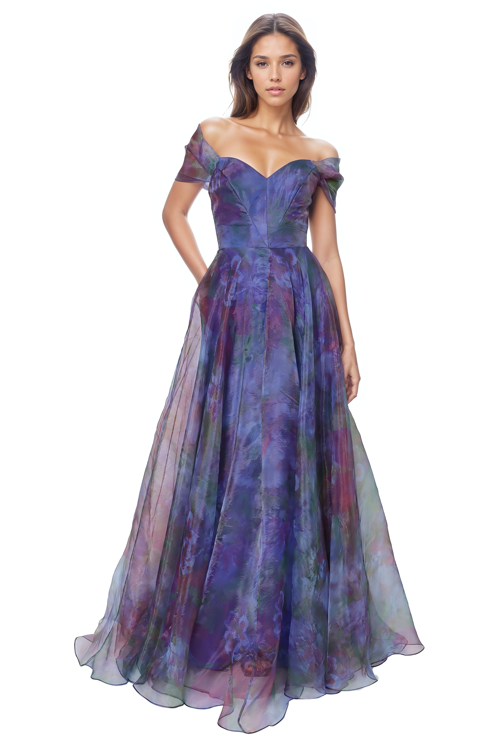Wrap Sleeve Off The Shoulder Organza Gown Gown Rene Ruiz Collection
