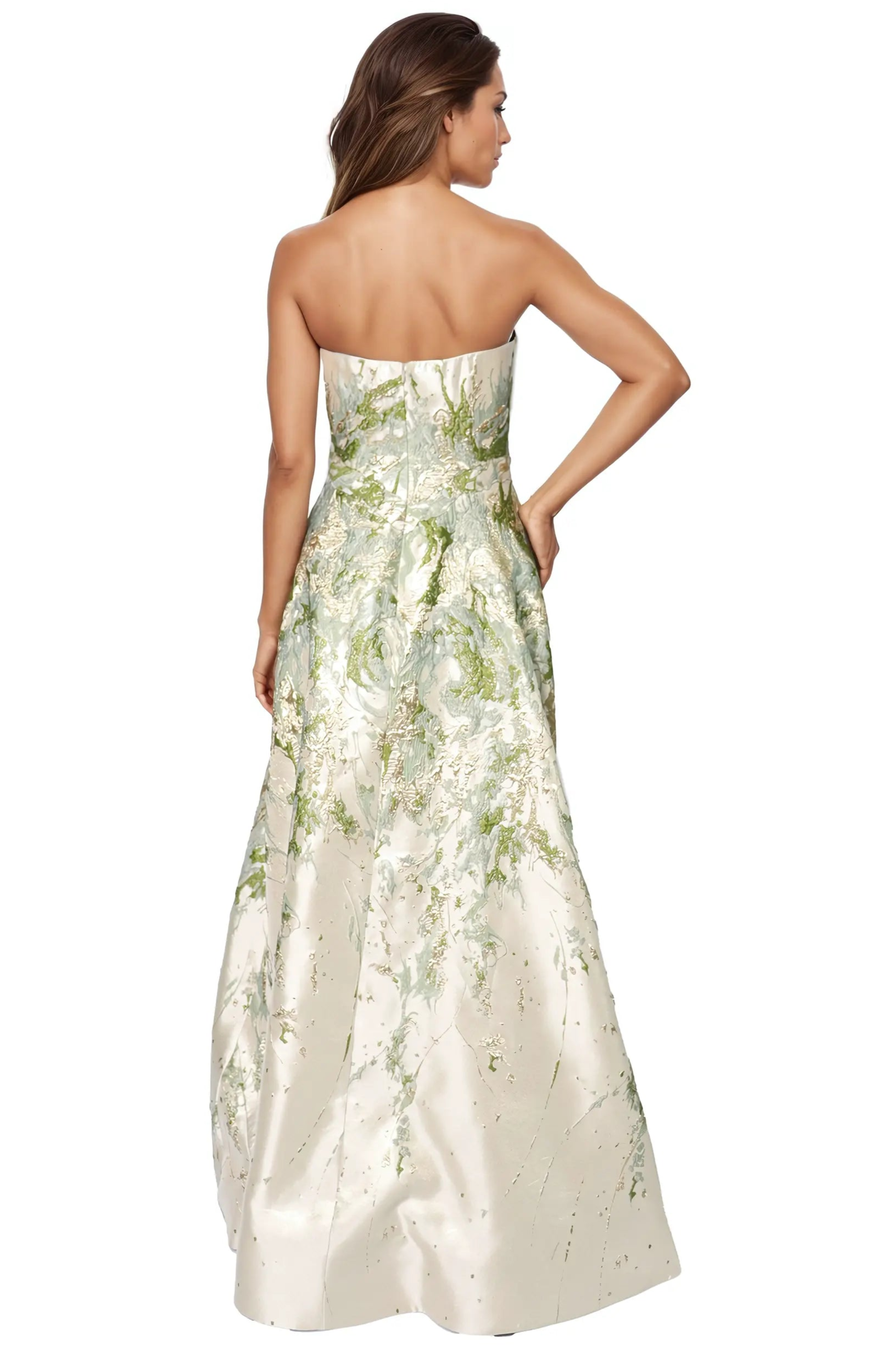 Strapless Boarder Print Brocade A-Line Gown Gown Rene Ruiz Collection
