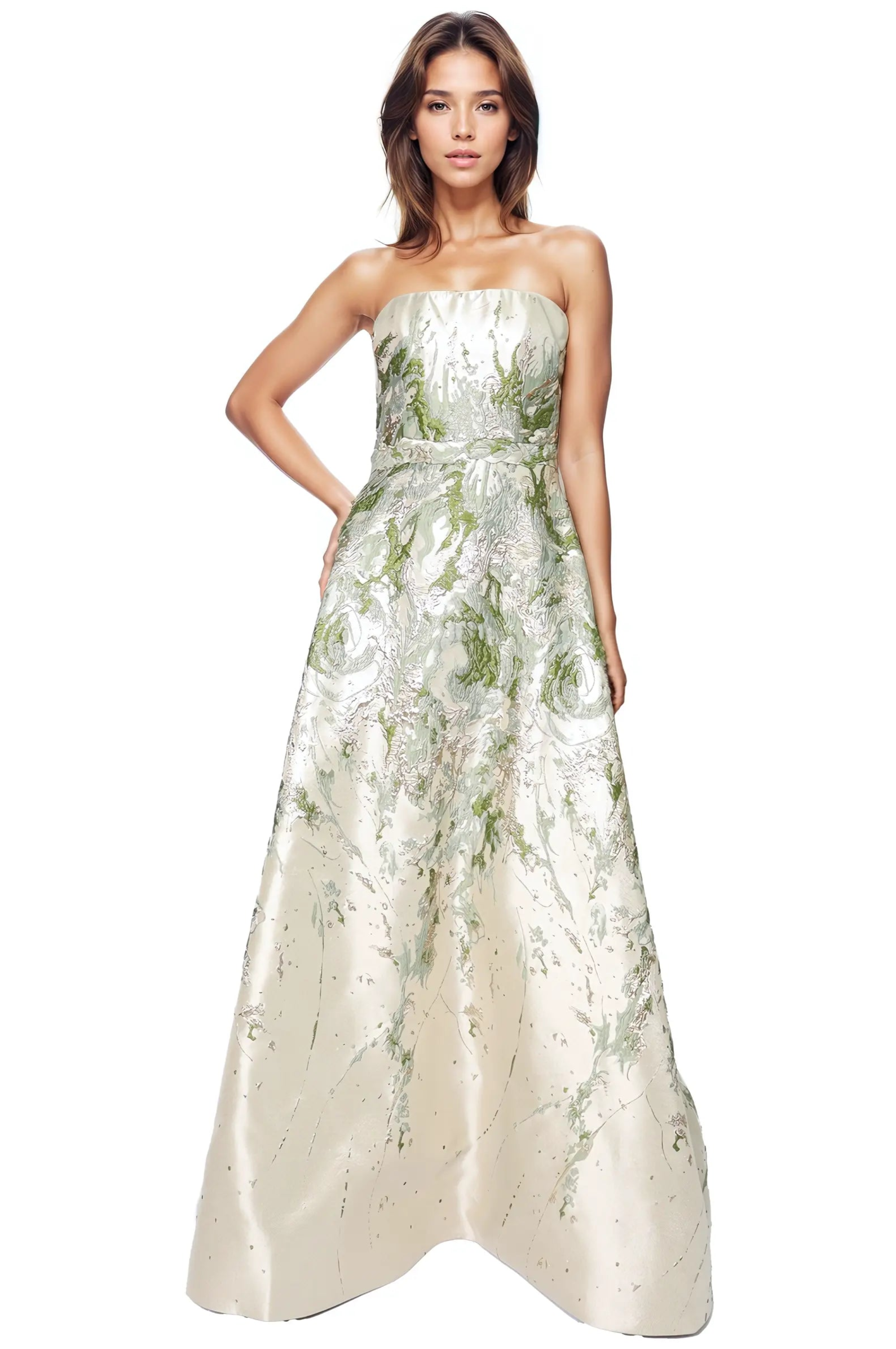 Strapless Boarder Print Brocade A-Line Gown Gown Rene Ruiz Collection