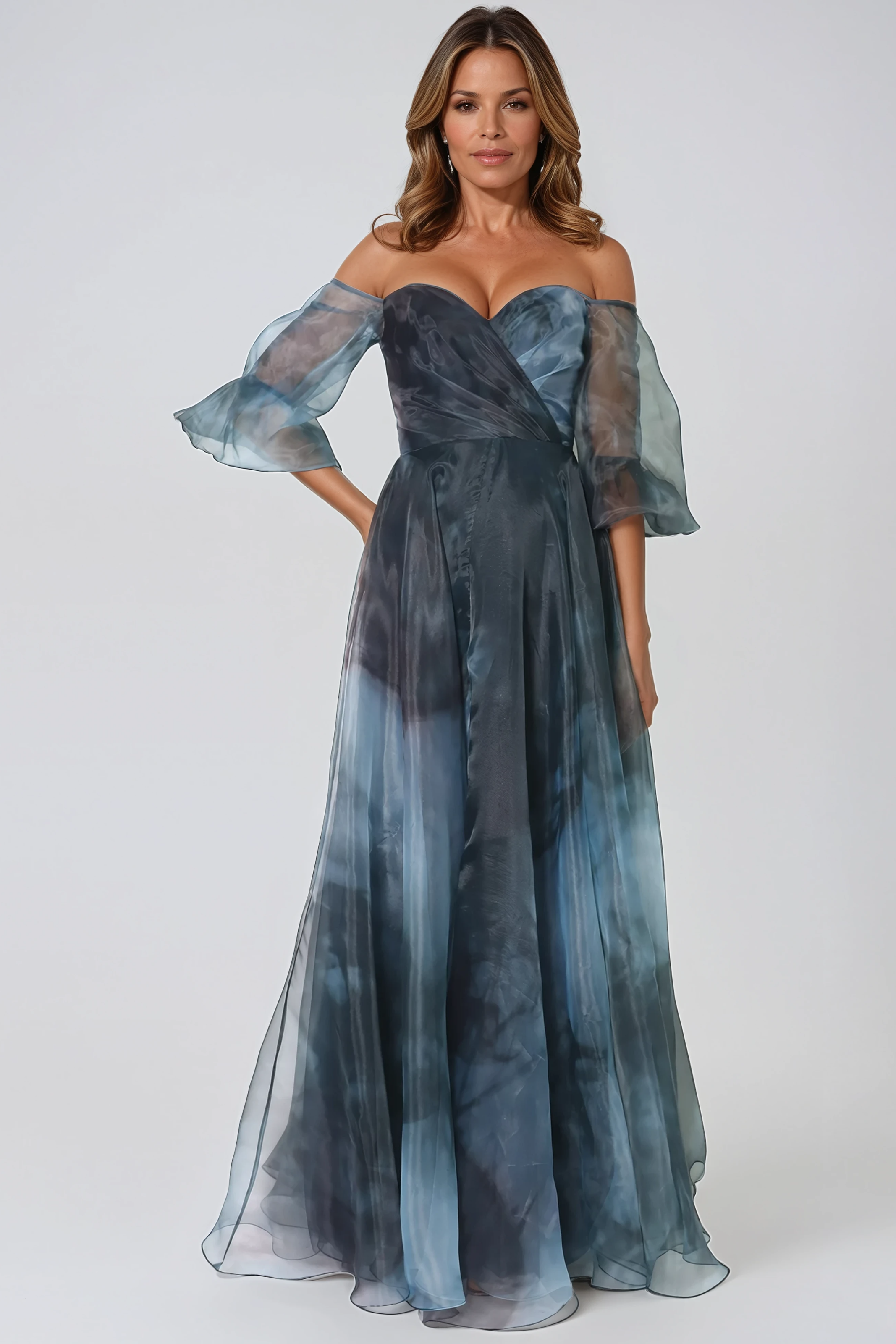 3/4 Puff Sleeve Organza Gown Gown Rene Ruiz Collection