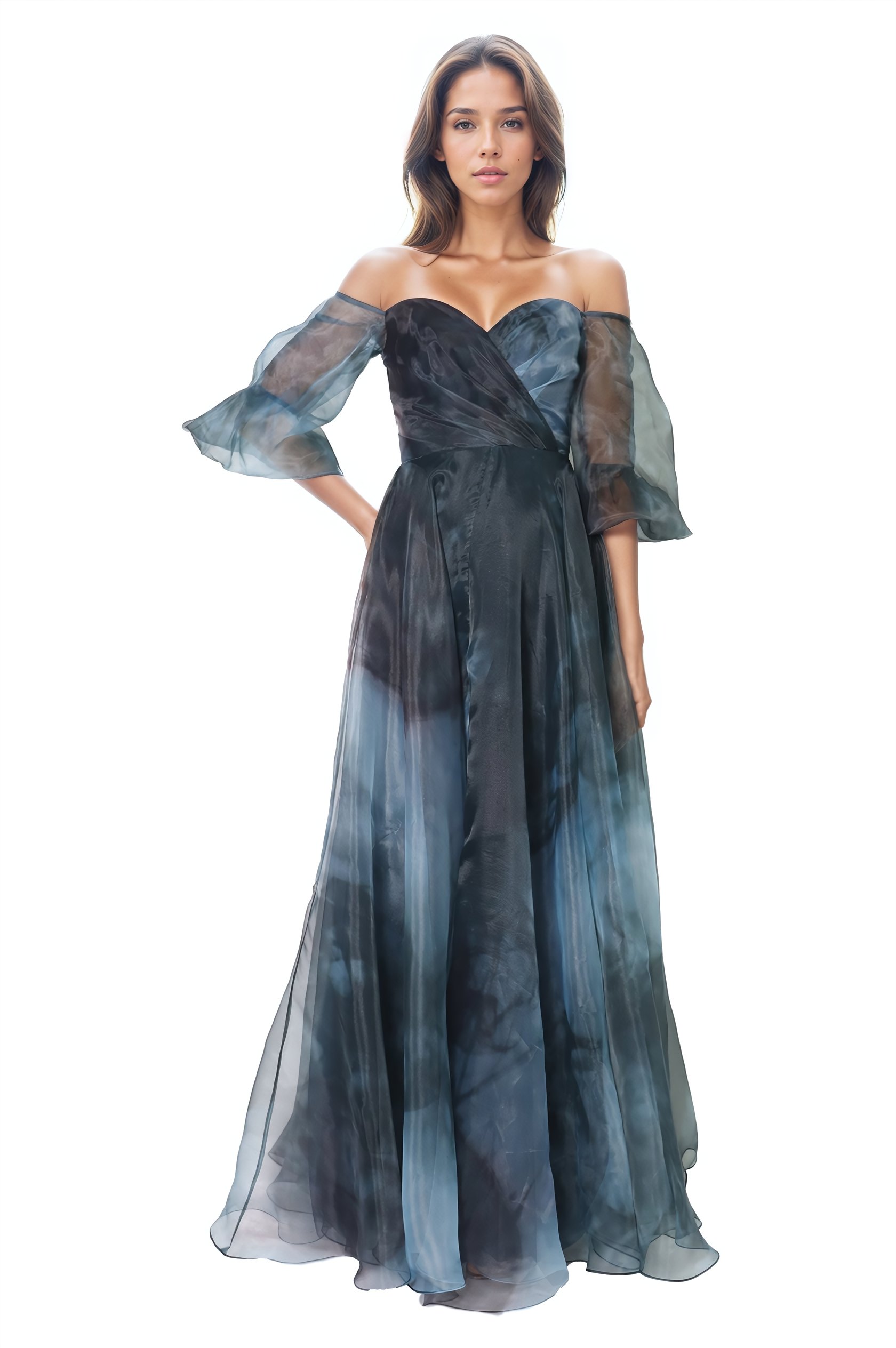 3/4 Puff Sleeve Organza Gown Gown Rene Ruiz Collection