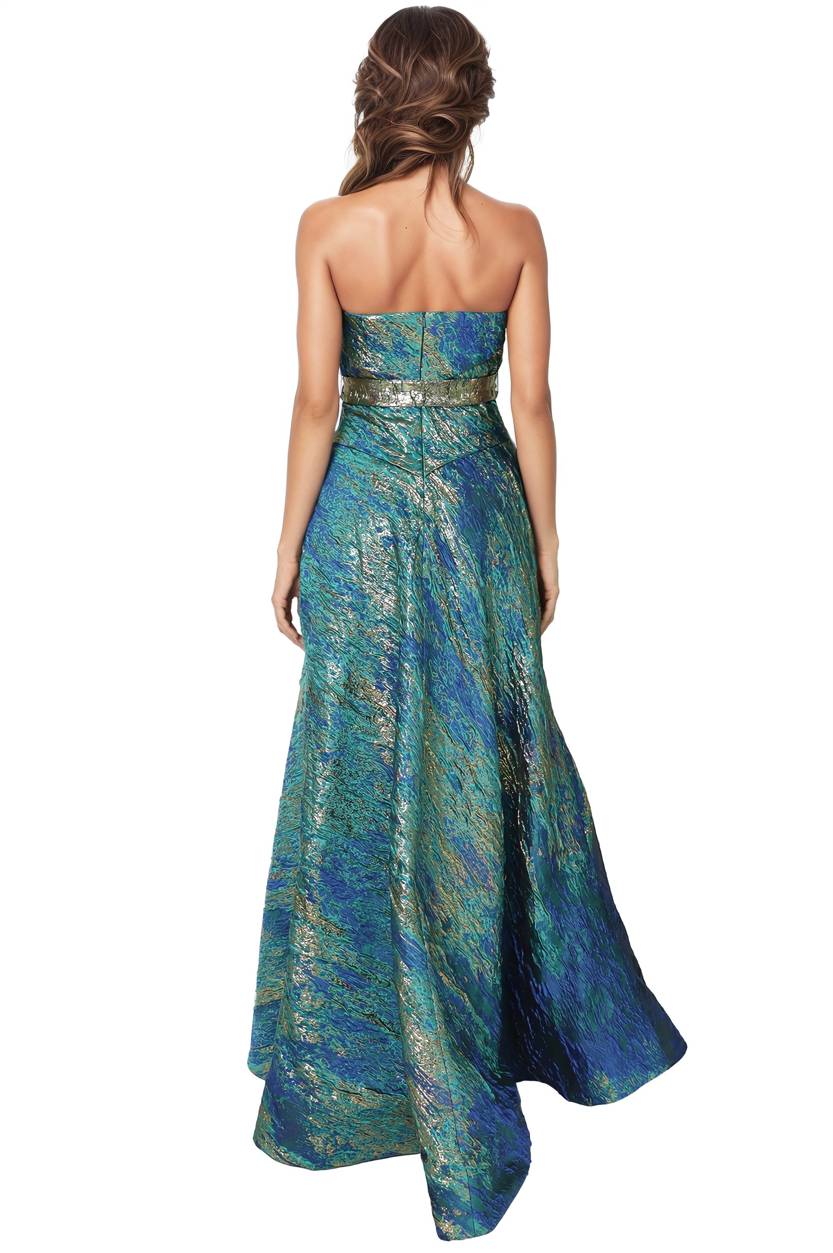 Asymmetric Strapless Brocade Gown Gown Rene Ruiz Collection